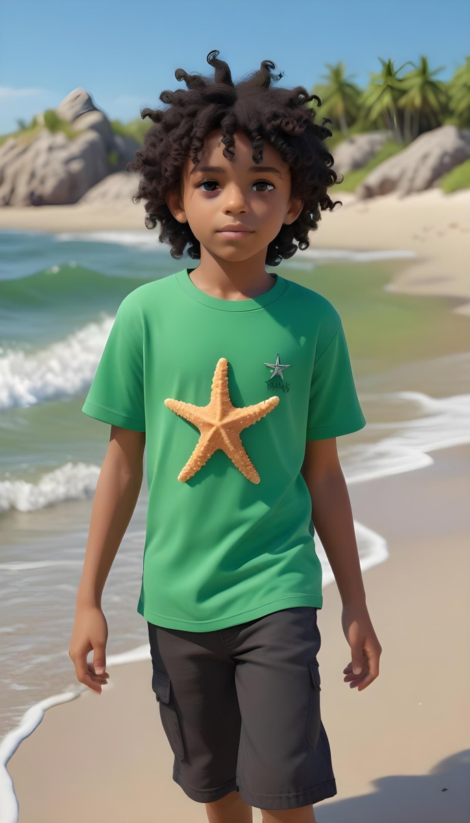 A Black Boy With Black Eyes Curly Hair 10 Years Old Wearing A Black T Shirt With A Starfish On A Beach With Green Rocks 9 A429