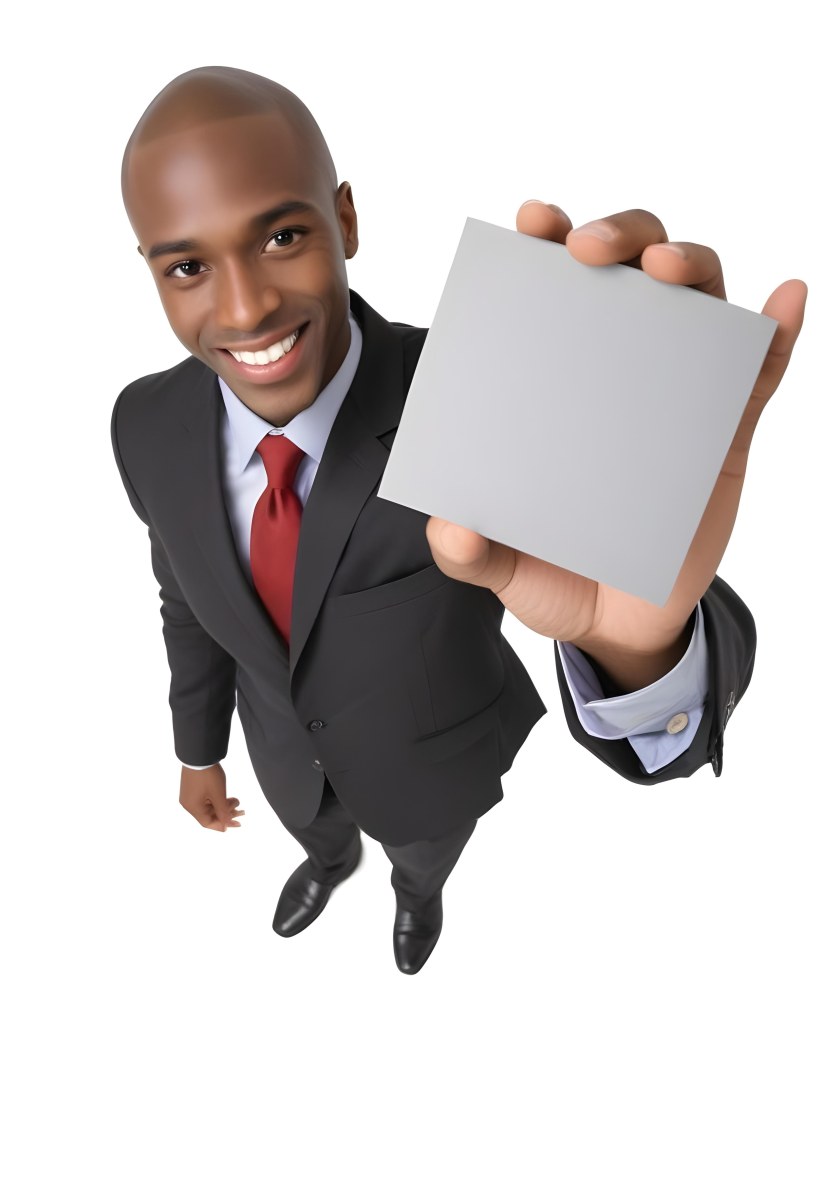 A Black Man In A Business Suit Approximately 30 Years Old With Short Hair And A Friendly Smile He Is Holding A Blank Gray Square In Front Of Him The Background Is Plain White Emphasizing The Subject 6 Ca56