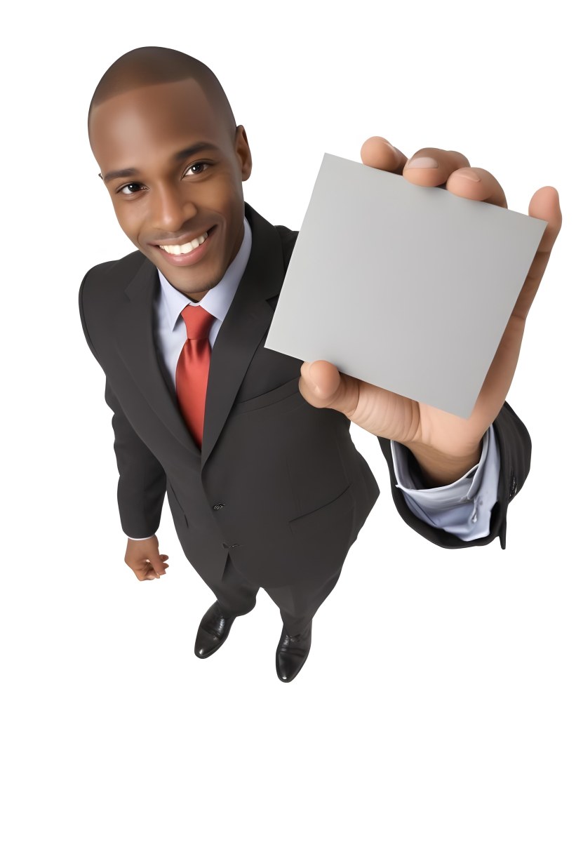 A Black Man In A Business Suit Approximately 30 Years Old With Short Hair And A Friendly Smile He Is Holding A Blank Gray Square In Front Of Him The Background Is Plain White Emphasizing The Subject 9 6ce6