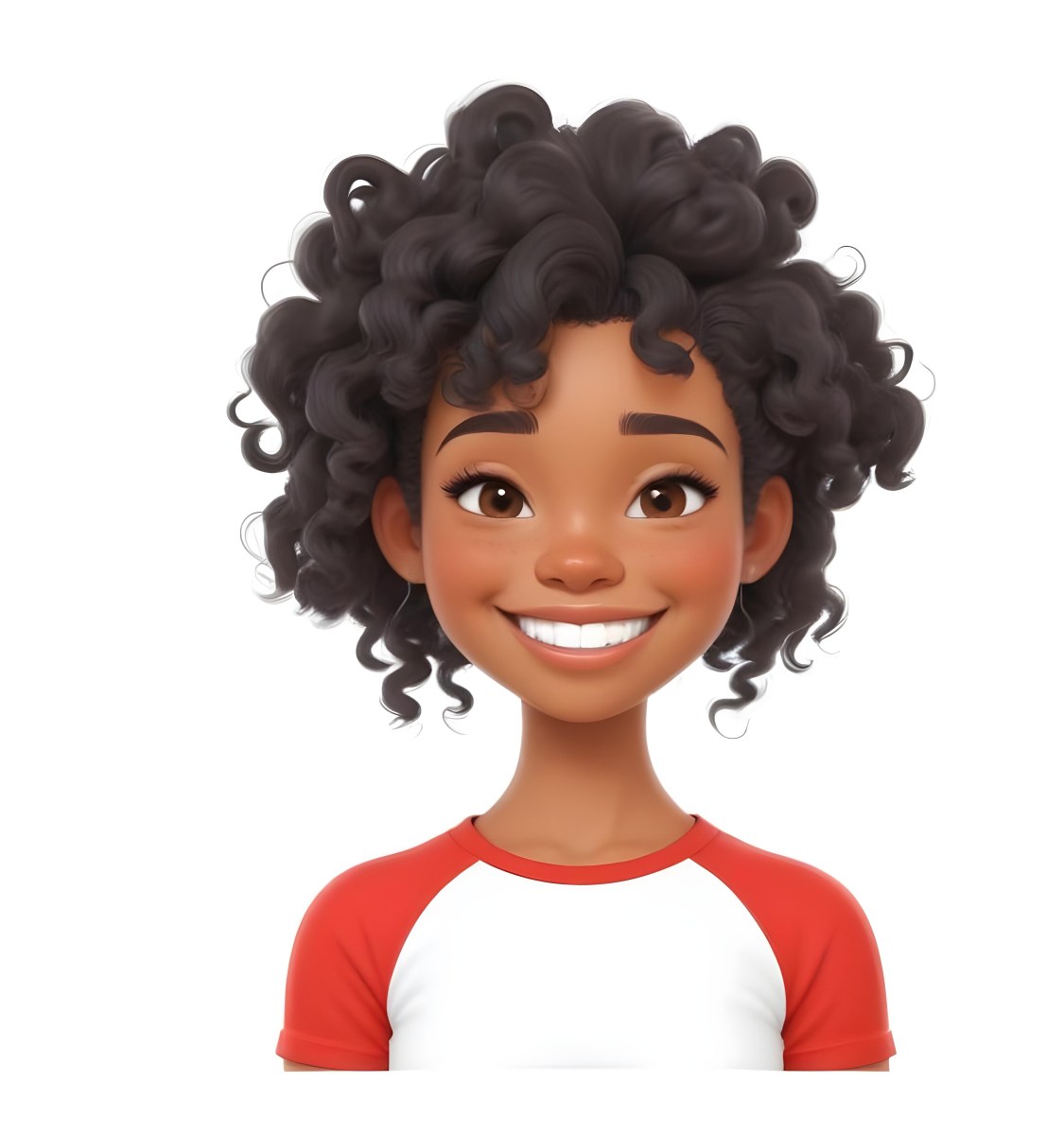A Black Woman 23 Years Old Curly Black Hair Smiling Wearing A Red And White T Shirt In A White Background 7 6aa2