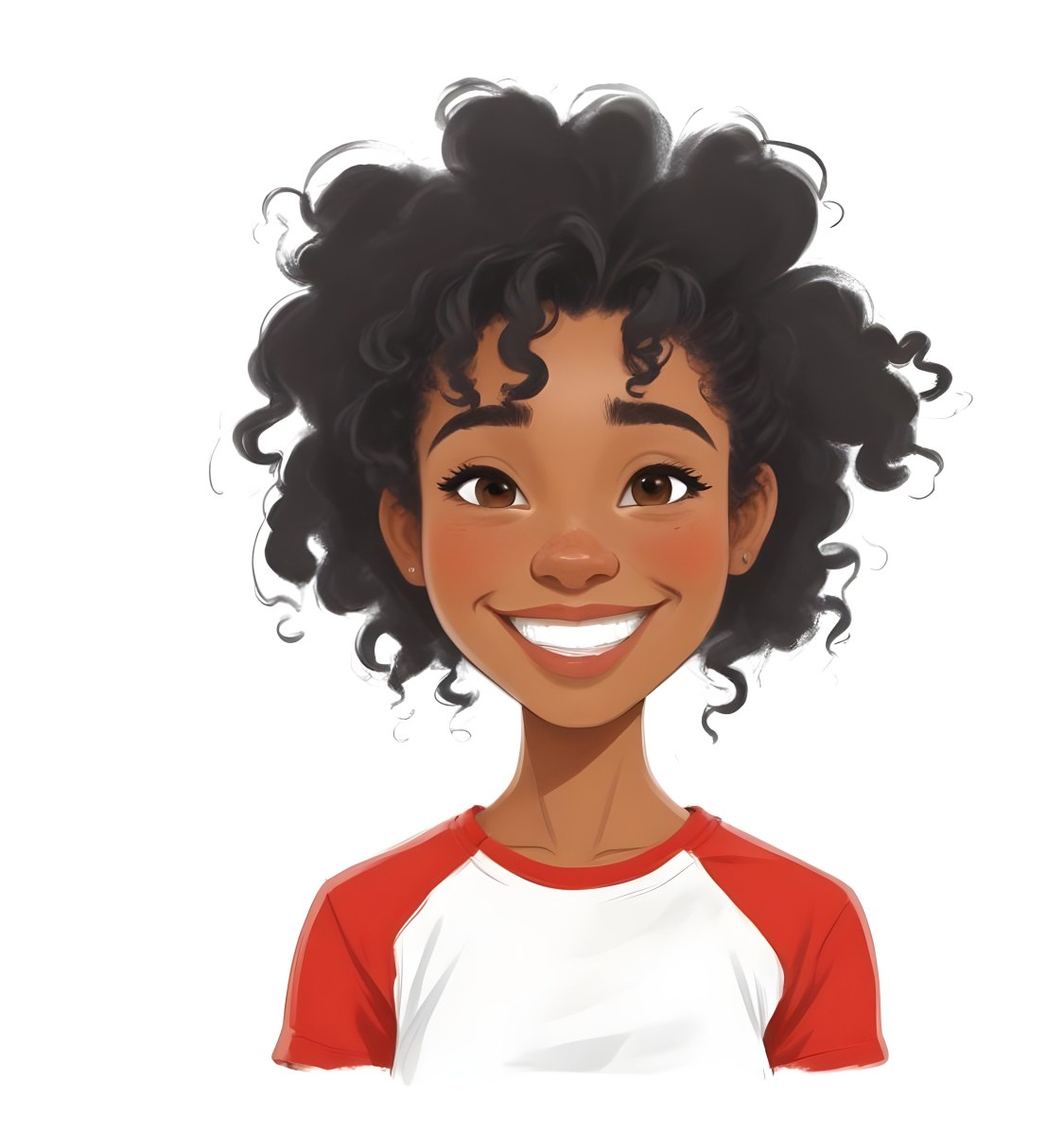 A Black Woman 23 Years Old Curly Black Hair Smiling Wearing A Red And White T Shirt In A White Background 8 2f65