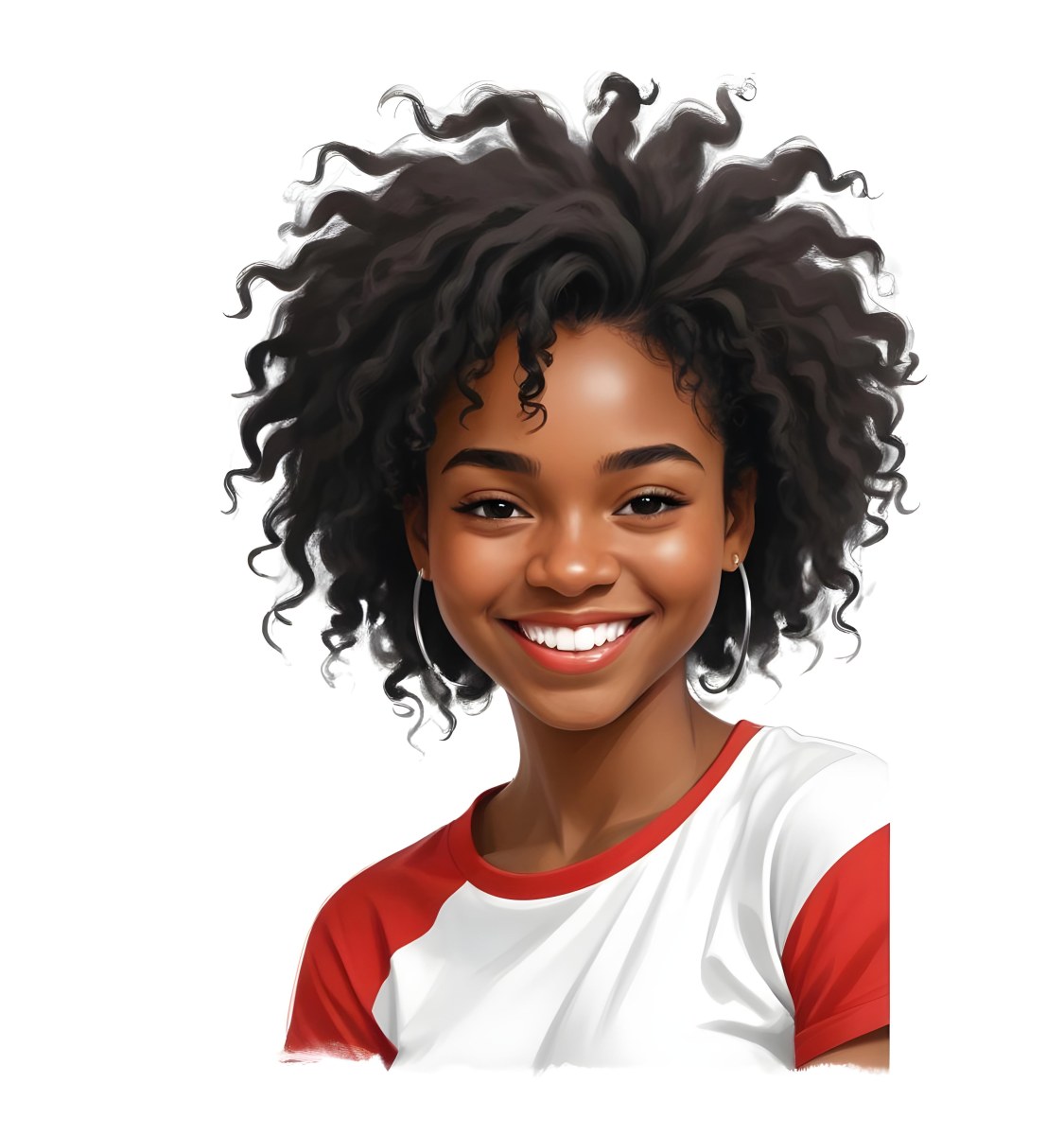 A Black Woman 23 Years Old Curly Black Hair Smiling Wearing A Red And White T Shirt In A White Background 9 4100