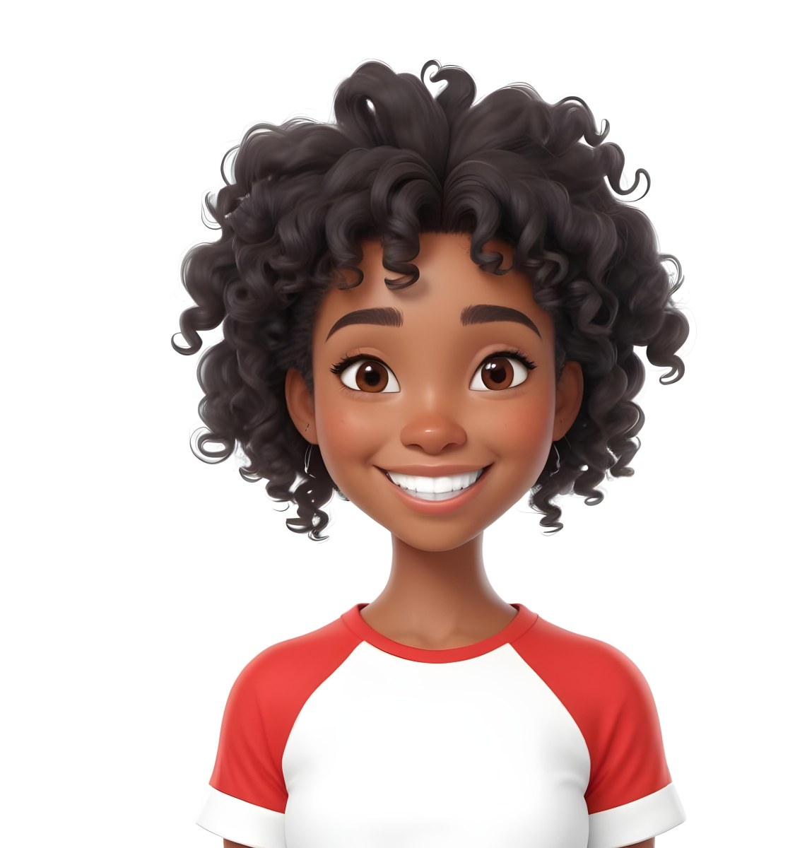 A Black Woman 23 Years Old Curly Black Hair Smiling Wearing A Red And White T Shirt In A White Background 9 Ce5a