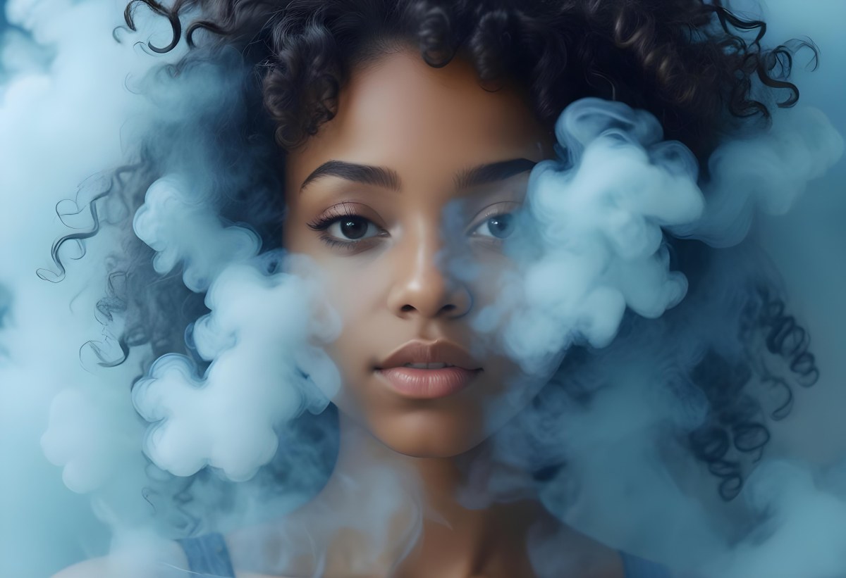 A Black Woman 25 Years Old With Curly Hair Surrounded By Blue Smoke 12 F1f4