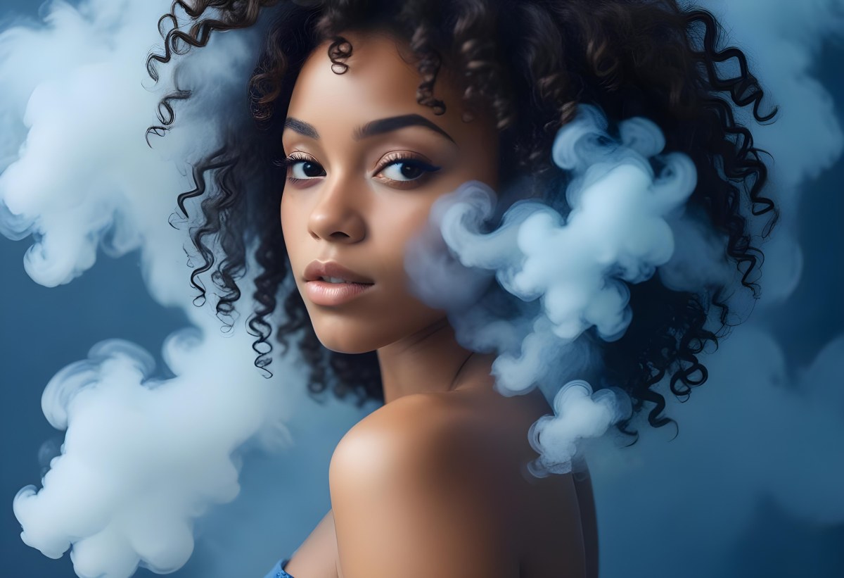 A Black Woman 25 Years Old With Curly Hair Surrounded By Blue Smoke 16 7c9b