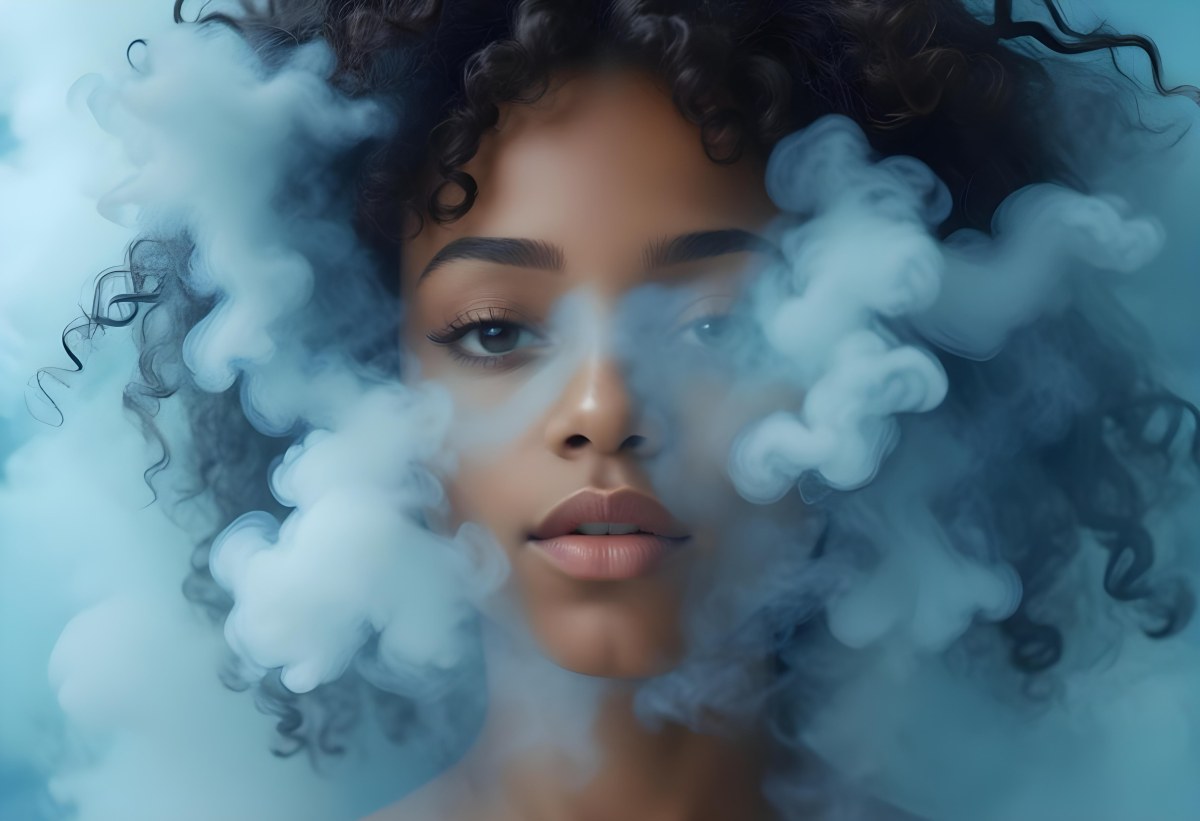 A Black Woman 25 Years Old With Curly Hair Surrounded By Blue Smoke 2 7680