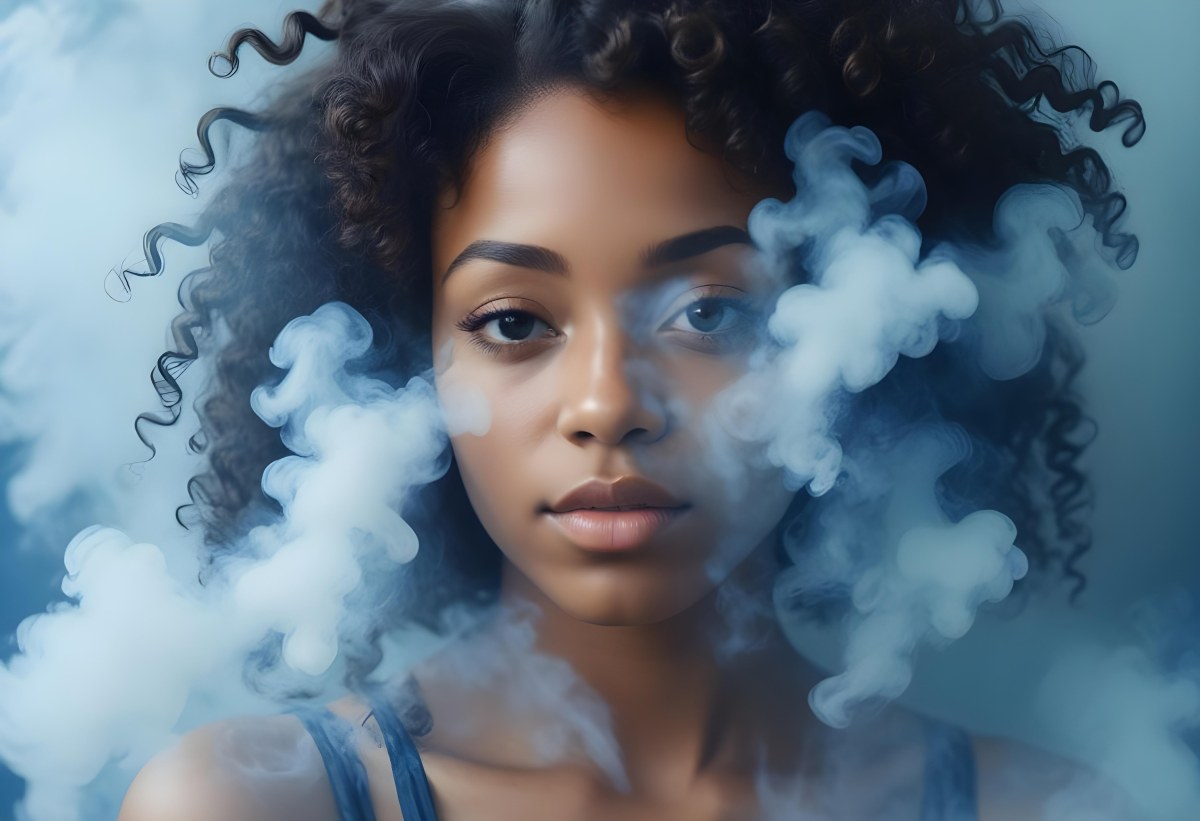 A Black Woman 25 Years Old With Curly Hair Surrounded By Blue Smoke 21 F765