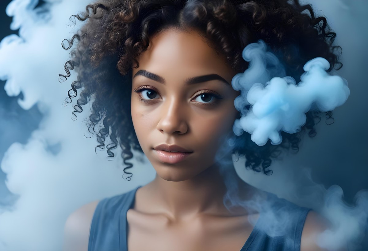 A Black Woman 25 Years Old With Curly Hair Surrounded By Blue Smoke 25 2cf7