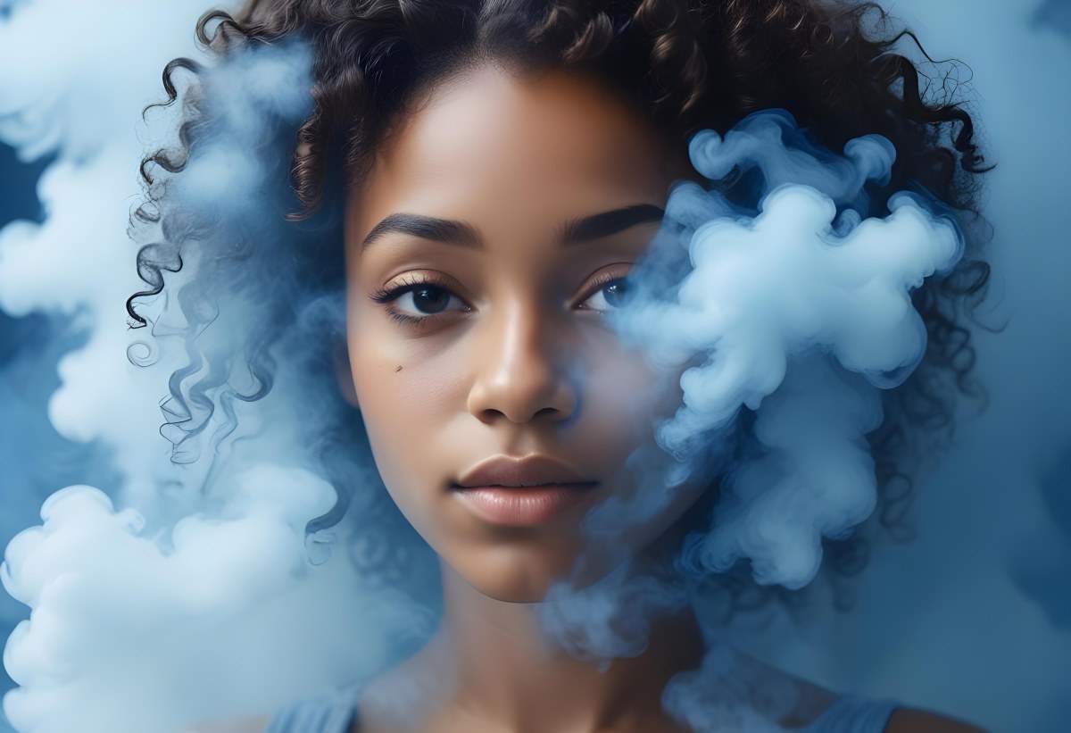 A Black Woman 25 Years Old With Curly Hair Surrounded By Blue Smoke 29 793c