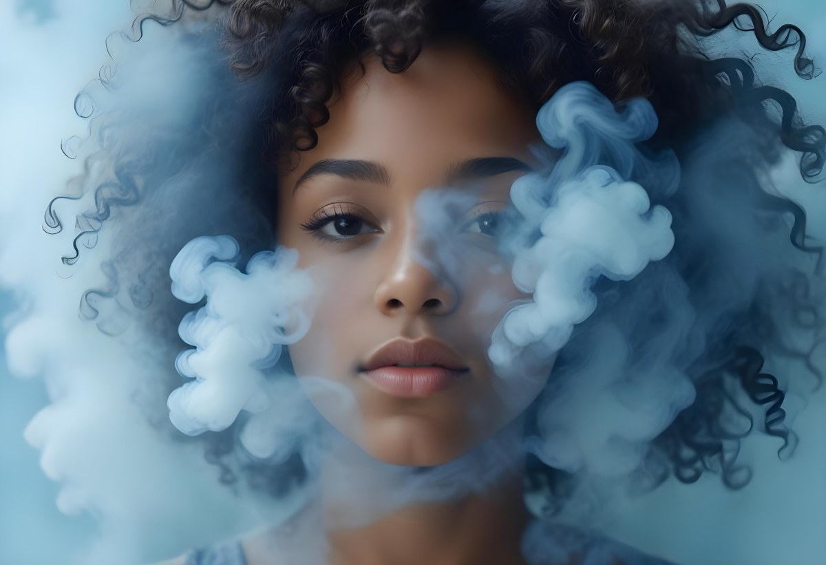 A Black Woman 25 Years Old With Curly Hair Surrounded By Blue Smoke 3 2d51