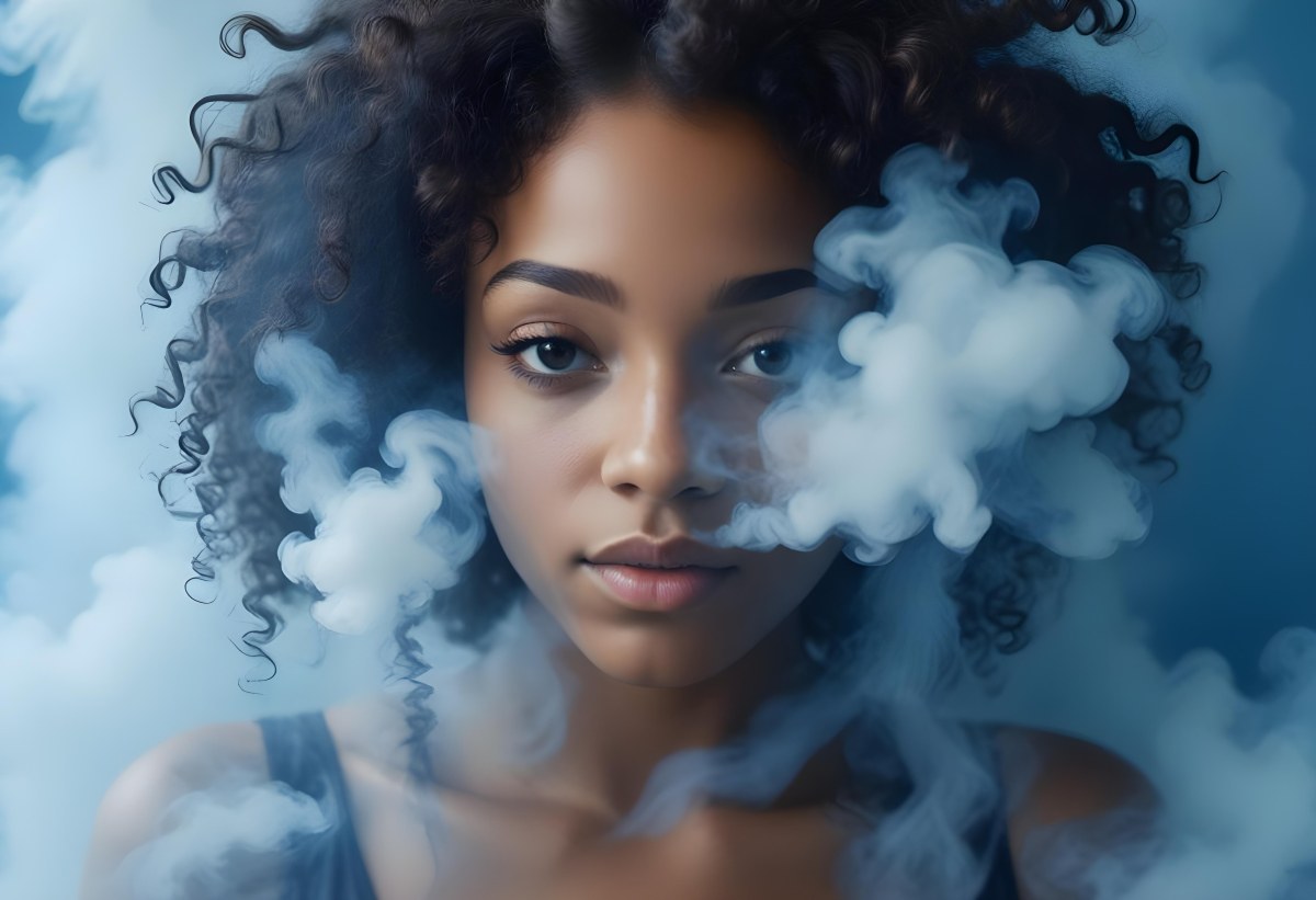 A Black Woman 25 Years Old With Curly Hair Surrounded By Blue Smoke 30 6d01
