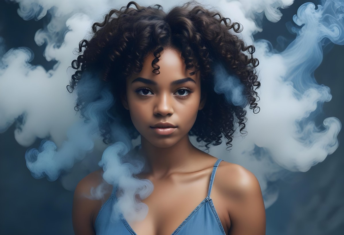 A Black Woman 25 Years Old With Curly Hair Surrounded By Blue Smoke 31 2921