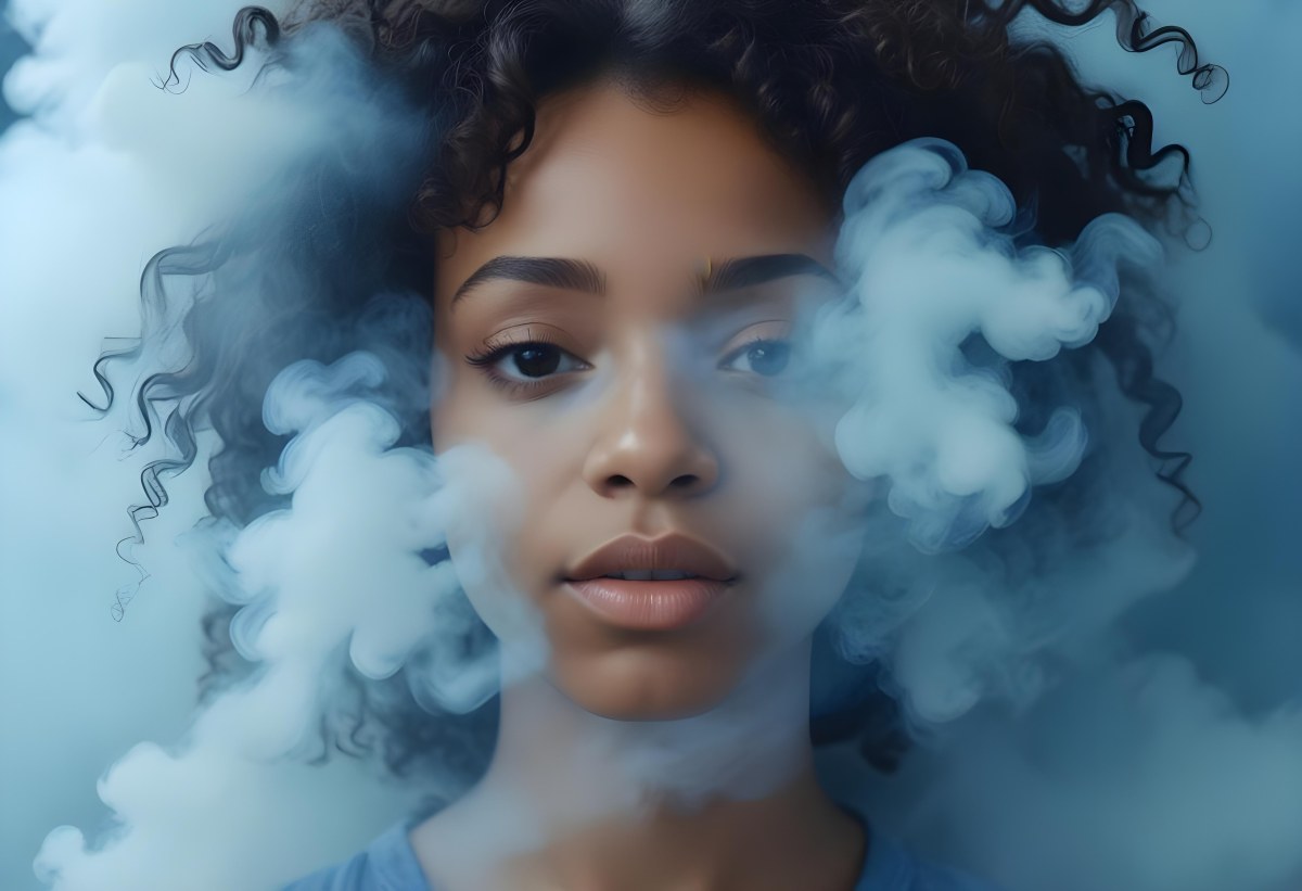 A Black Woman 25 Years Old With Curly Hair Surrounded By Blue Smoke 32 1e22
