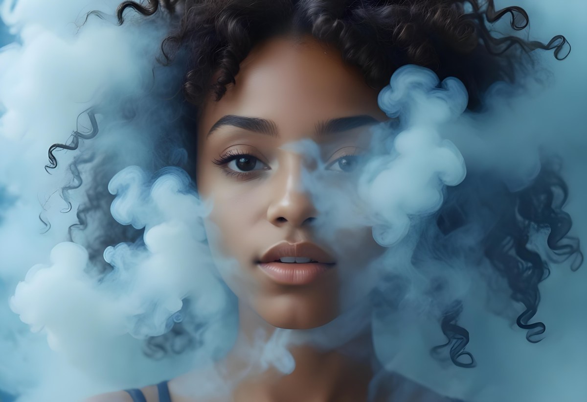 A Black Woman 25 Years Old With Curly Hair Surrounded By Blue Smoke 4 E067