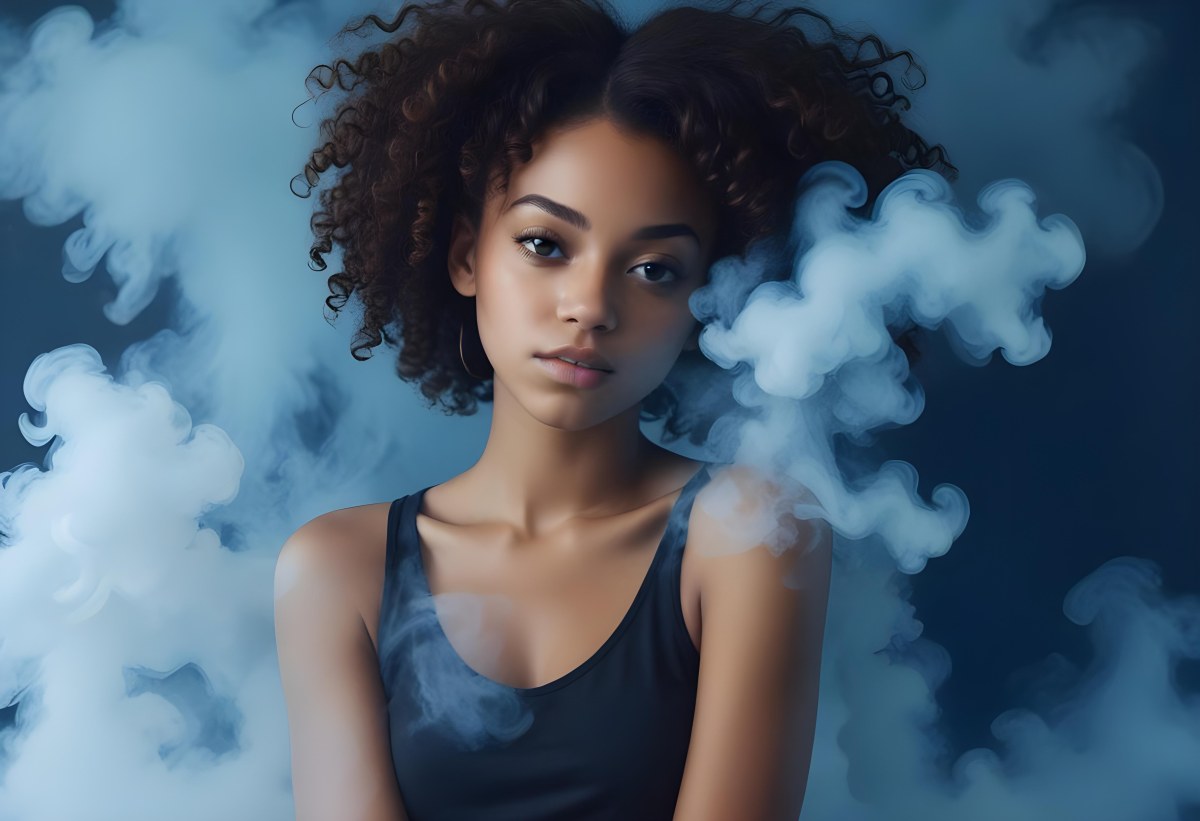 A Black Woman 25 Years Old With Curly Hair Surrounded By Blue Smoke 5 Fded