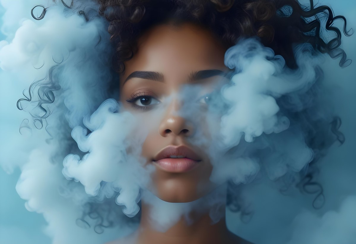 A Black Woman 25 Years Old With Curly Hair Surrounded By Blue Smoke 6 2def