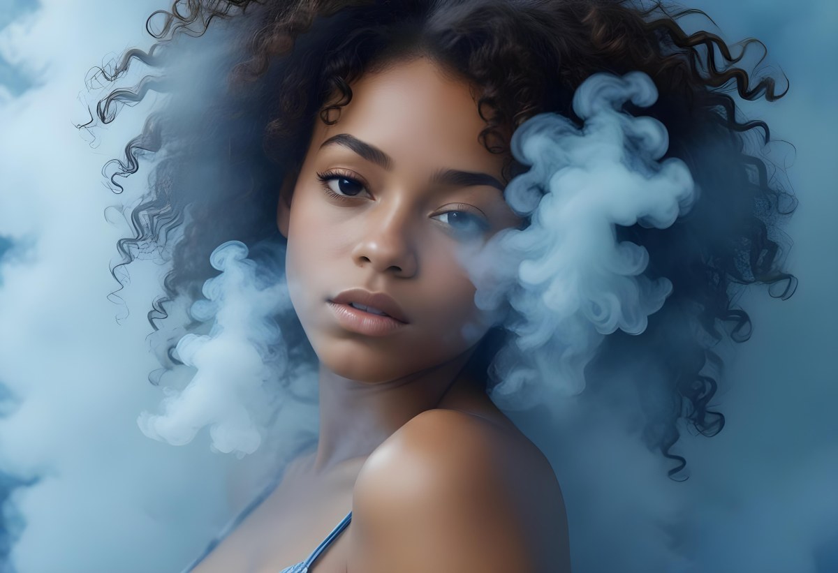 A Black Woman 25 Years Old With Curly Hair Surrounded By Blue Smoke 7 E2eb