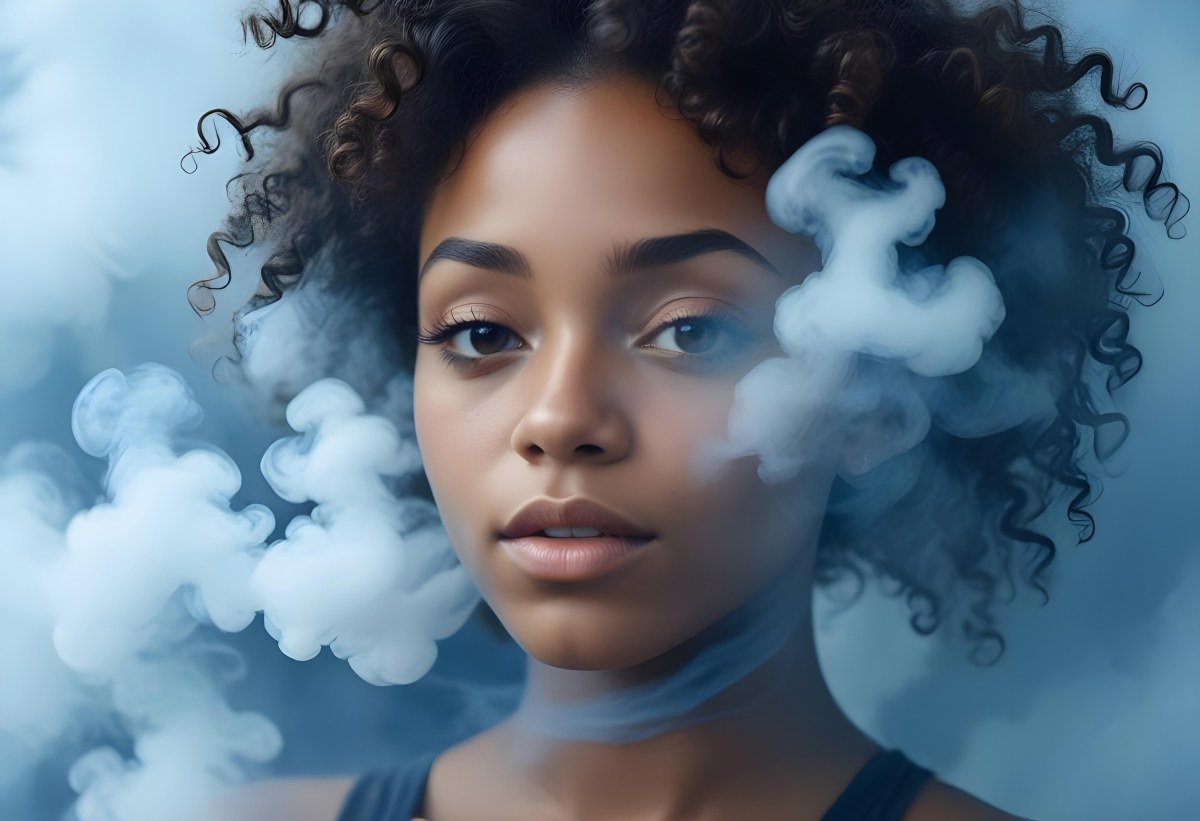 A Black Woman 25 Years Old With Curly Hair Surrounded By Blue Smoke 8 3ffe