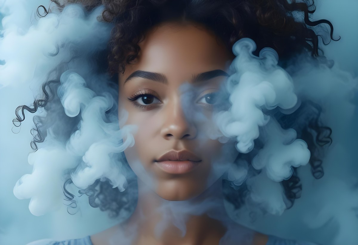 A Black Woman 25 Years Old With Curly Hair Surrounded By Blue Smoke 9 446d