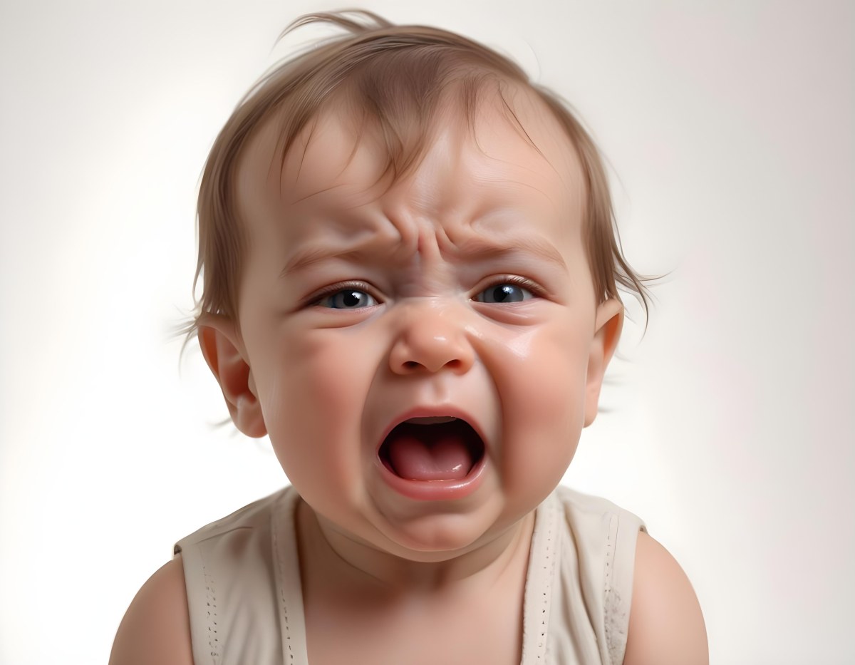 A Caucasian Baby Approximately 1 Year Old With Short Light Brown Hair Crying Intensely The Baby Has A Distressed Expression With Tears Visible On The Cheeks The Background Is Plain And Light Colored 5 7f7b