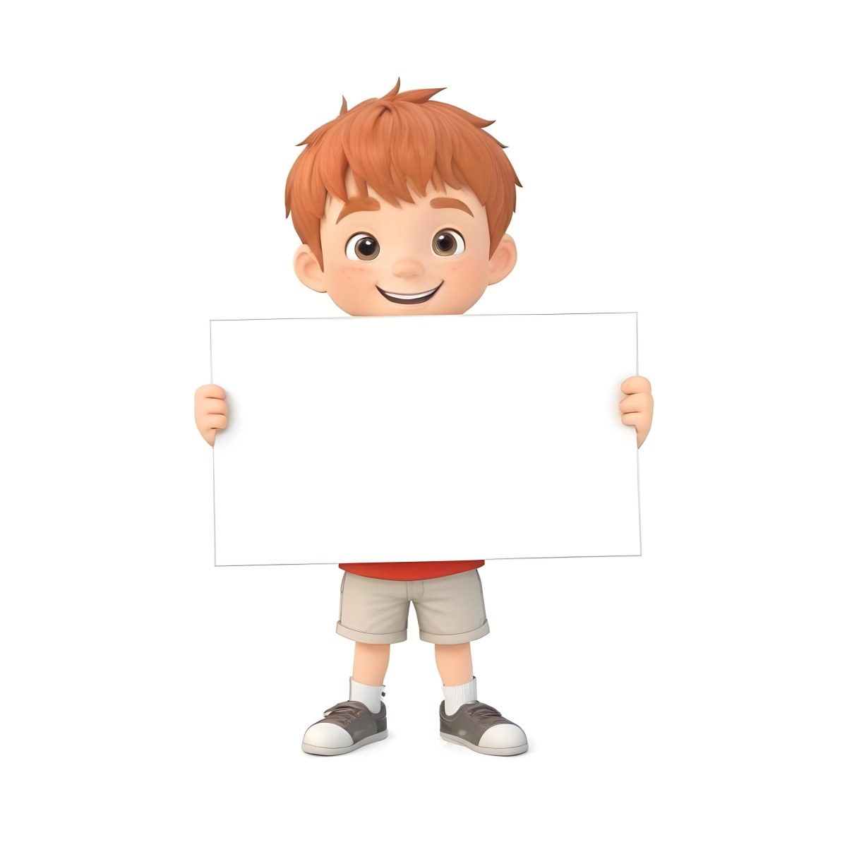 A Caucasian Boy Age 8 With Red Hair Holding A Blank Red Sign Wearing A White T Shirt And White Shorts White Background 26 Fc31