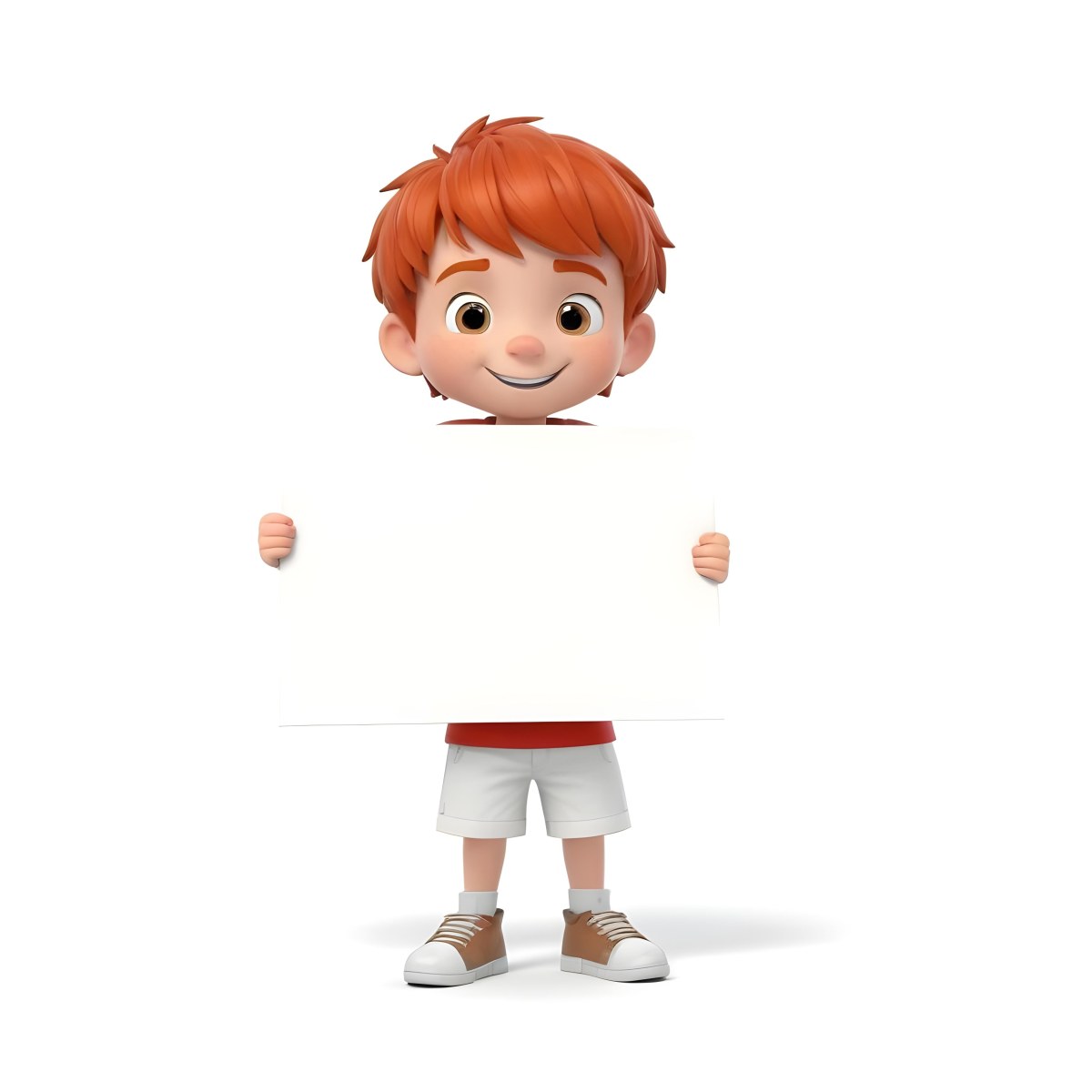 A Caucasian Boy Age 8 With Red Hair Holding A Blank Red Sign Wearing A White T Shirt And White Shorts White Background 30 Bc18