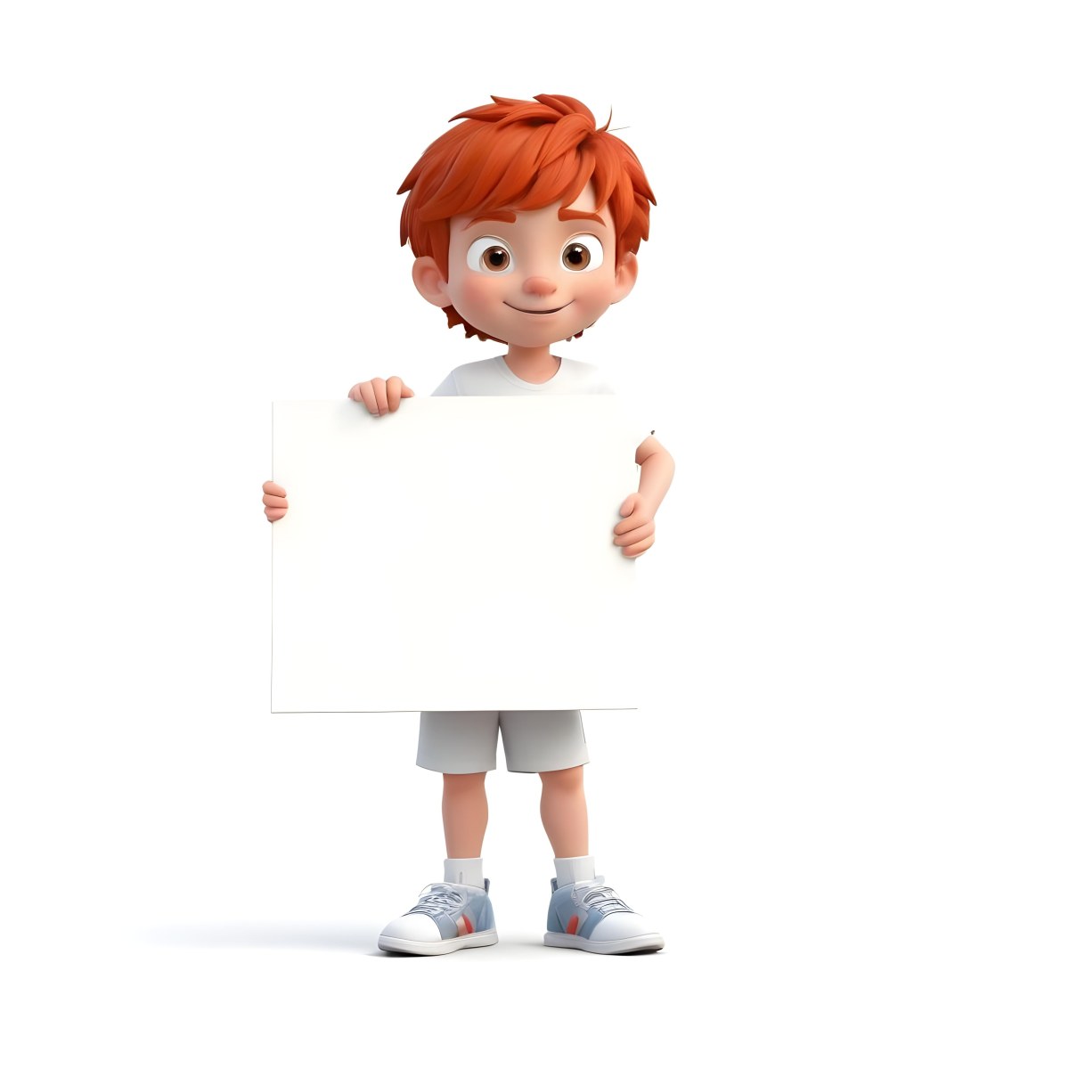 A Caucasian Boy Age 8 With Red Hair Holding A Blank Red Sign Wearing A White T Shirt And White Shorts White Background 34 2f2e