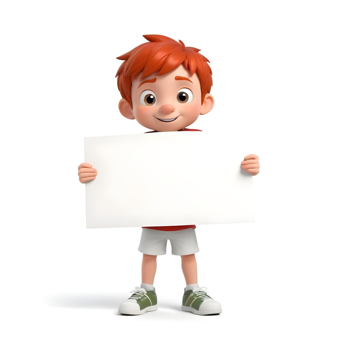 A Caucasian Boy Age 8 With Red Hair Holding A Blank Red Sign Wearing A White T Shirt And White Shorts White Background 36 68df