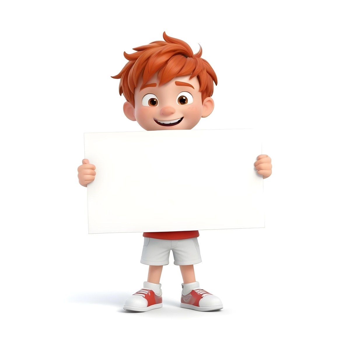 A Caucasian Boy Age 8 With Red Hair Holding A Blank Red Sign Wearing A White T Shirt And White Shorts White Background 37 7d71