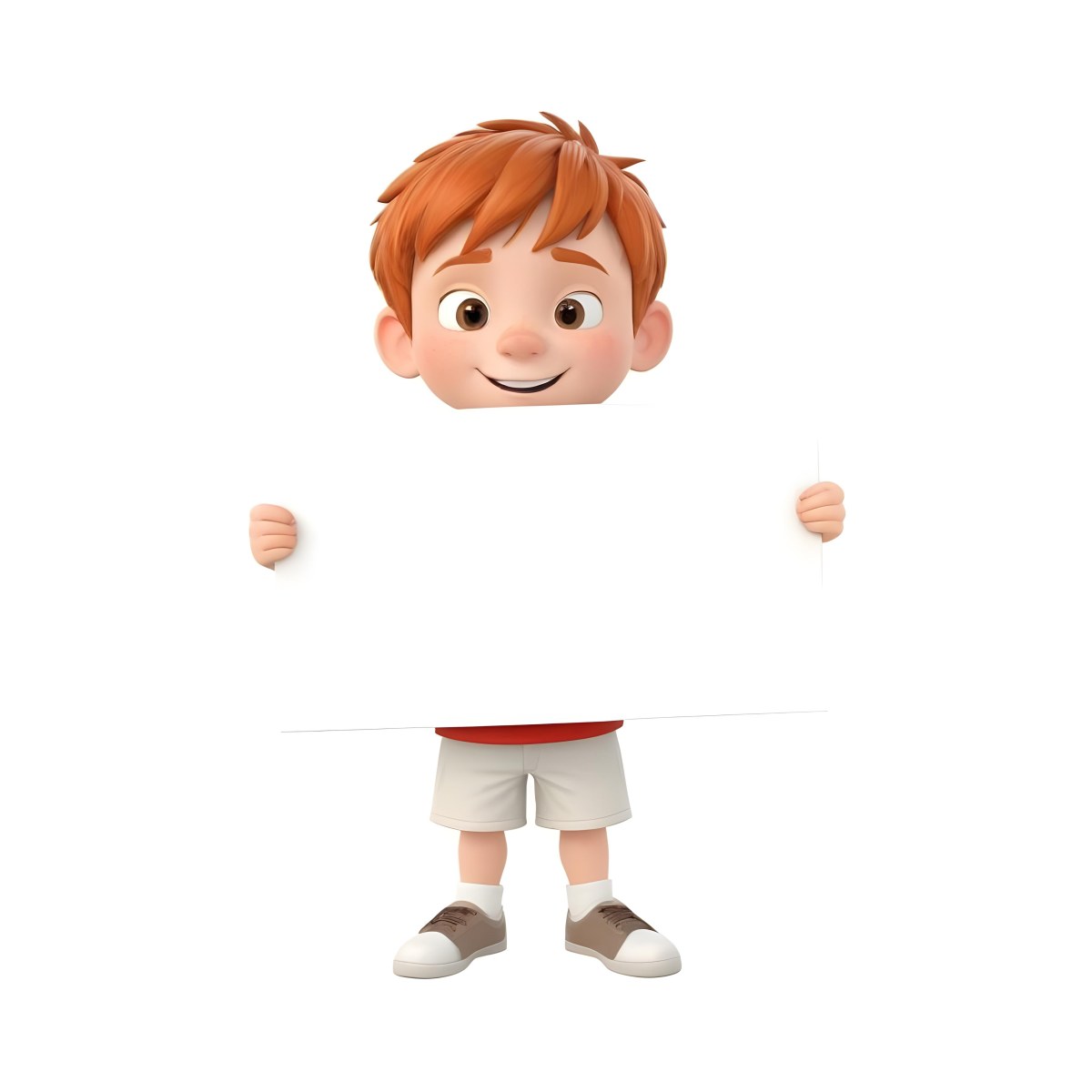 A Caucasian Boy Age 8 With Red Hair Holding A Blank Red Sign Wearing A White T Shirt And White Shorts White Background 38 657e