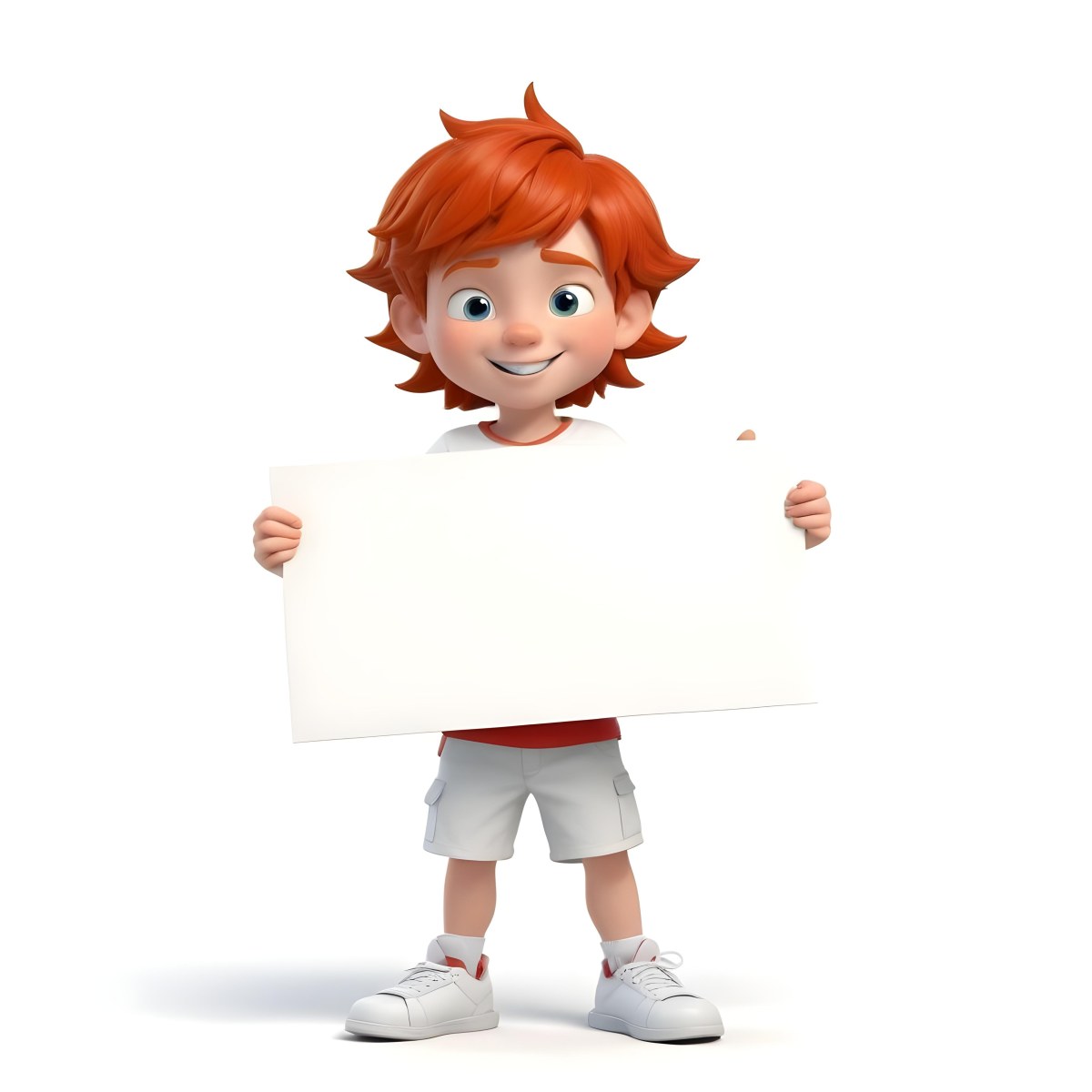 A Caucasian Boy Age 8 With Red Hair Holding A Blank Red Sign Wearing A White T Shirt And White Shorts White Background 39 B2f0
