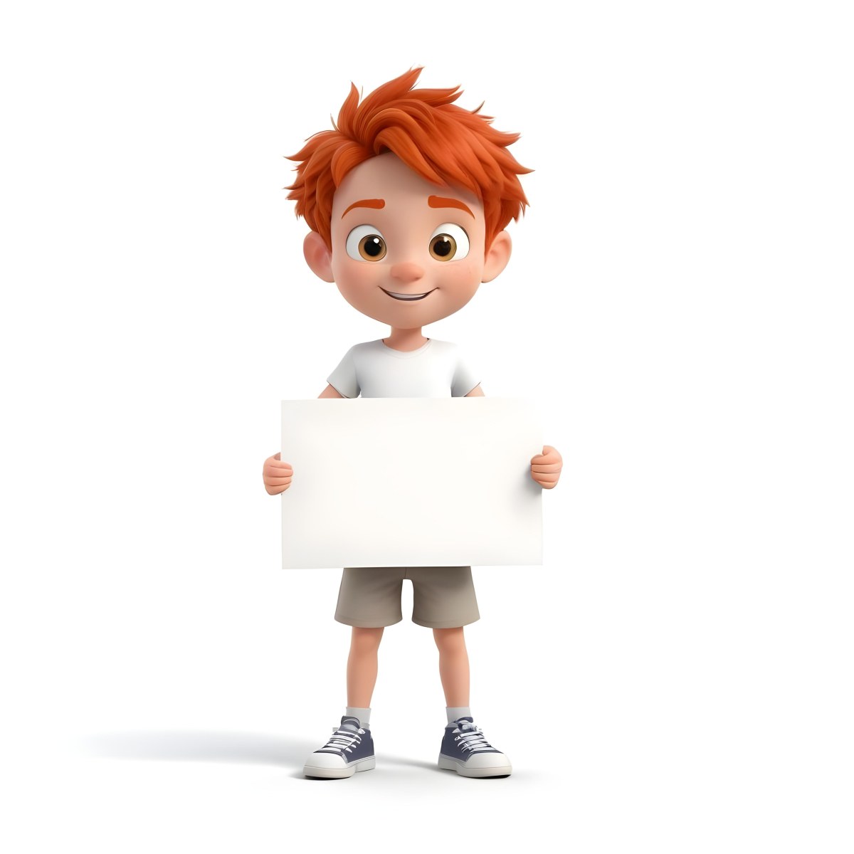 A Caucasian Boy Age 8 With Red Hair Holding A Blank Red Sign Wearing A White T Shirt And White Shorts White Background 40 376e
