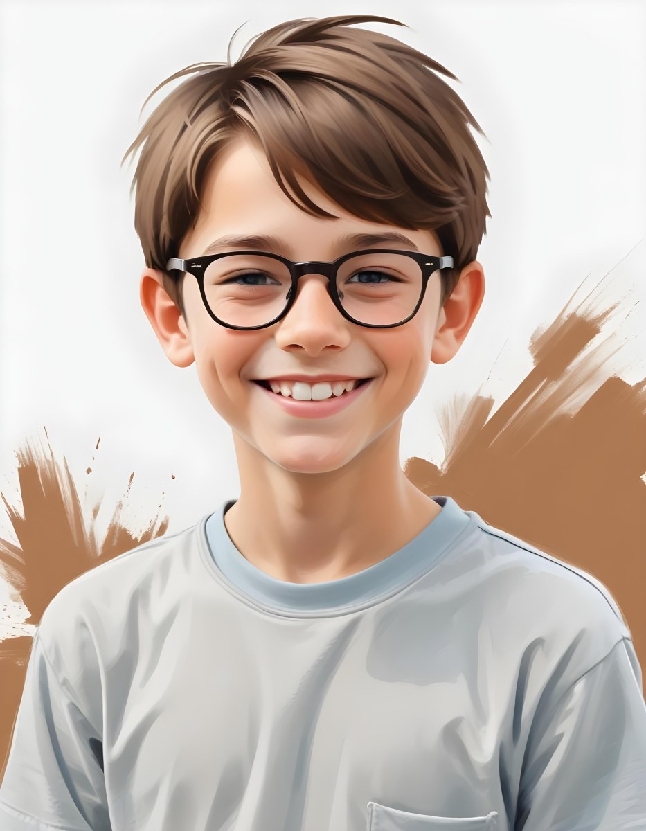 A Caucasian Boy With Brown Hair Wearing Glasses 12 Years Old Smiling In A White Background 9 F0e0