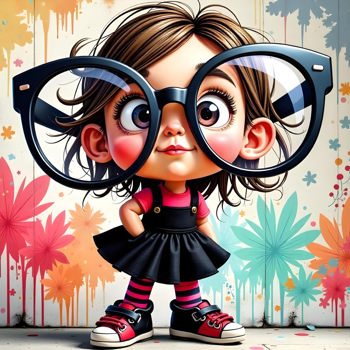 A Caucasian Girl 7 Years Old Black Hair Wearing A Red Dress Pink Striped Socks And Red Shoes With Oversized Glasses In Front Of A Colorful Wall 1 58ae