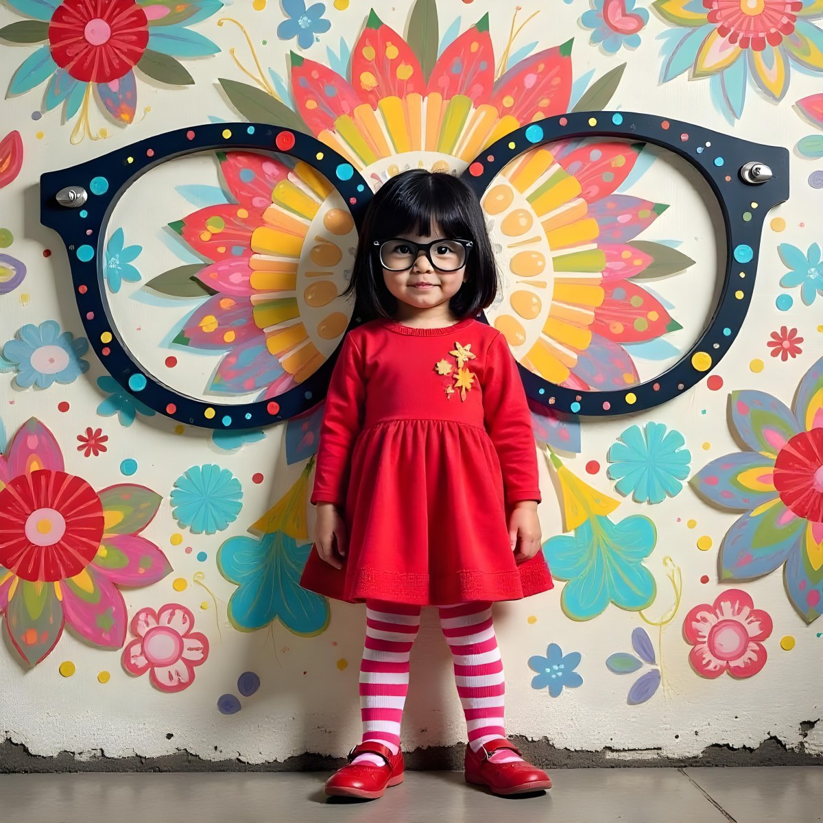 A Caucasian Girl 7 Years Old Black Hair Wearing A Red Dress Pink Striped Socks And Red Shoes With Oversized Glasses In Front Of A Colorful Wall 13 73b9