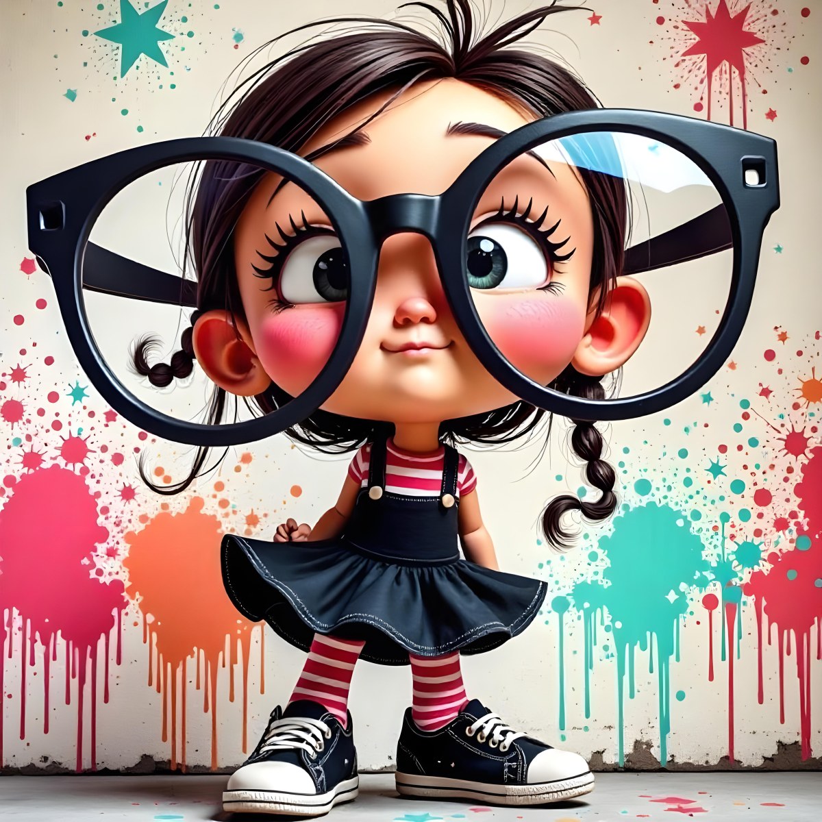A Caucasian Girl 7 Years Old Black Hair Wearing A Red Dress Pink Striped Socks And Red Shoes With Oversized Glasses In Front Of A Colorful Wall 15 8ebd
