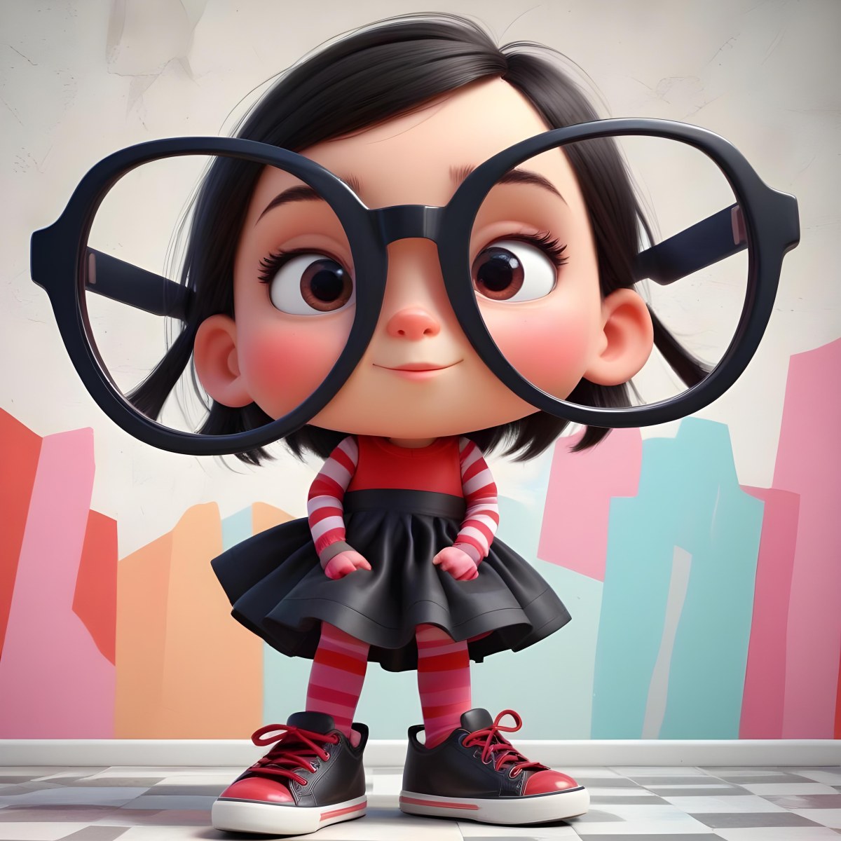 A Caucasian Girl 7 Years Old Black Hair Wearing A Red Dress Pink Striped Socks And Red Shoes With Oversized Glasses In Front Of A Colorful Wall 19 765e