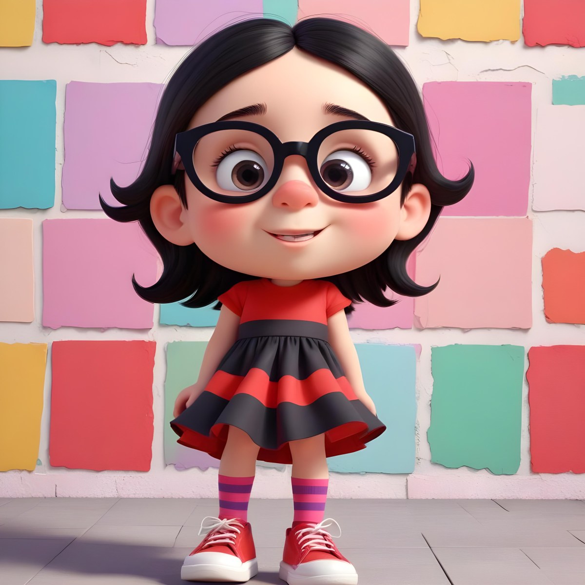 A Caucasian Girl 7 Years Old Black Hair Wearing A Red Dress Pink Striped Socks And Red Shoes With Oversized Glasses In Front Of A Colorful Wall 21 2a4f