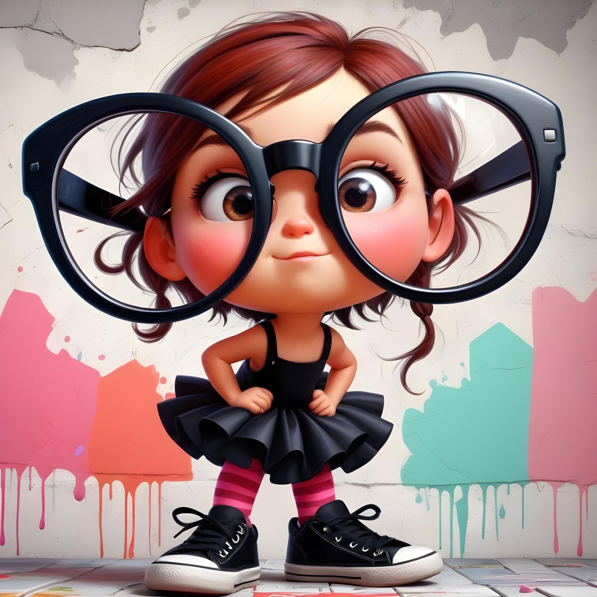 A Caucasian Girl 7 Years Old Black Hair Wearing A Red Dress Pink Striped Socks And Red Shoes With Oversized Glasses In Front Of A Colorful Wall 24 Dcc2