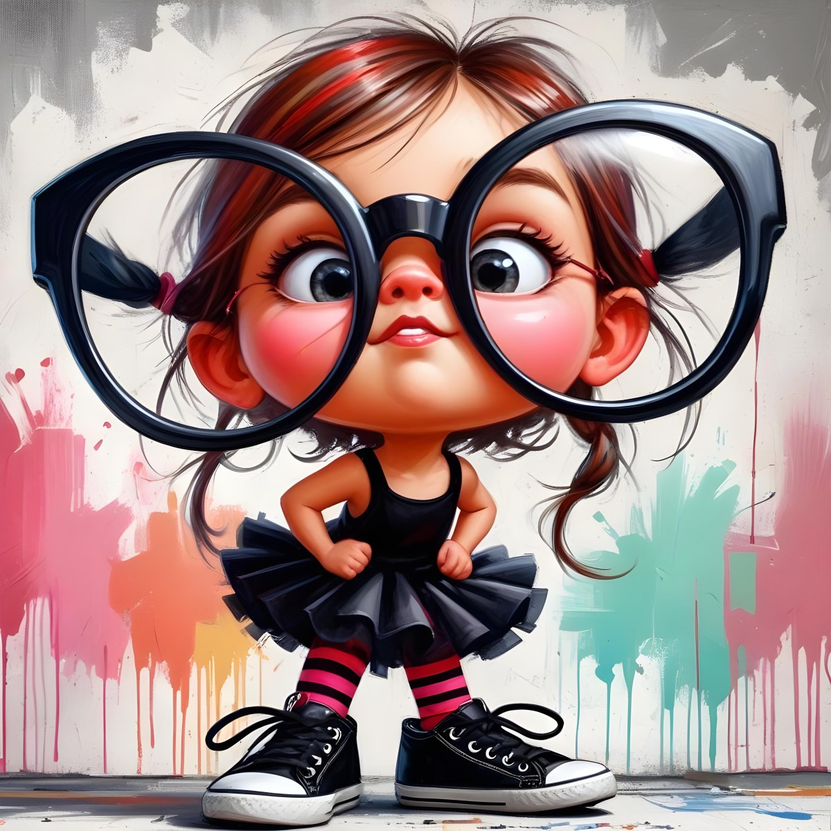 A Caucasian Girl 7 Years Old Black Hair Wearing A Red Dress Pink Striped Socks And Red Shoes With Oversized Glasses In Front Of A Colorful Wall 28 3db3