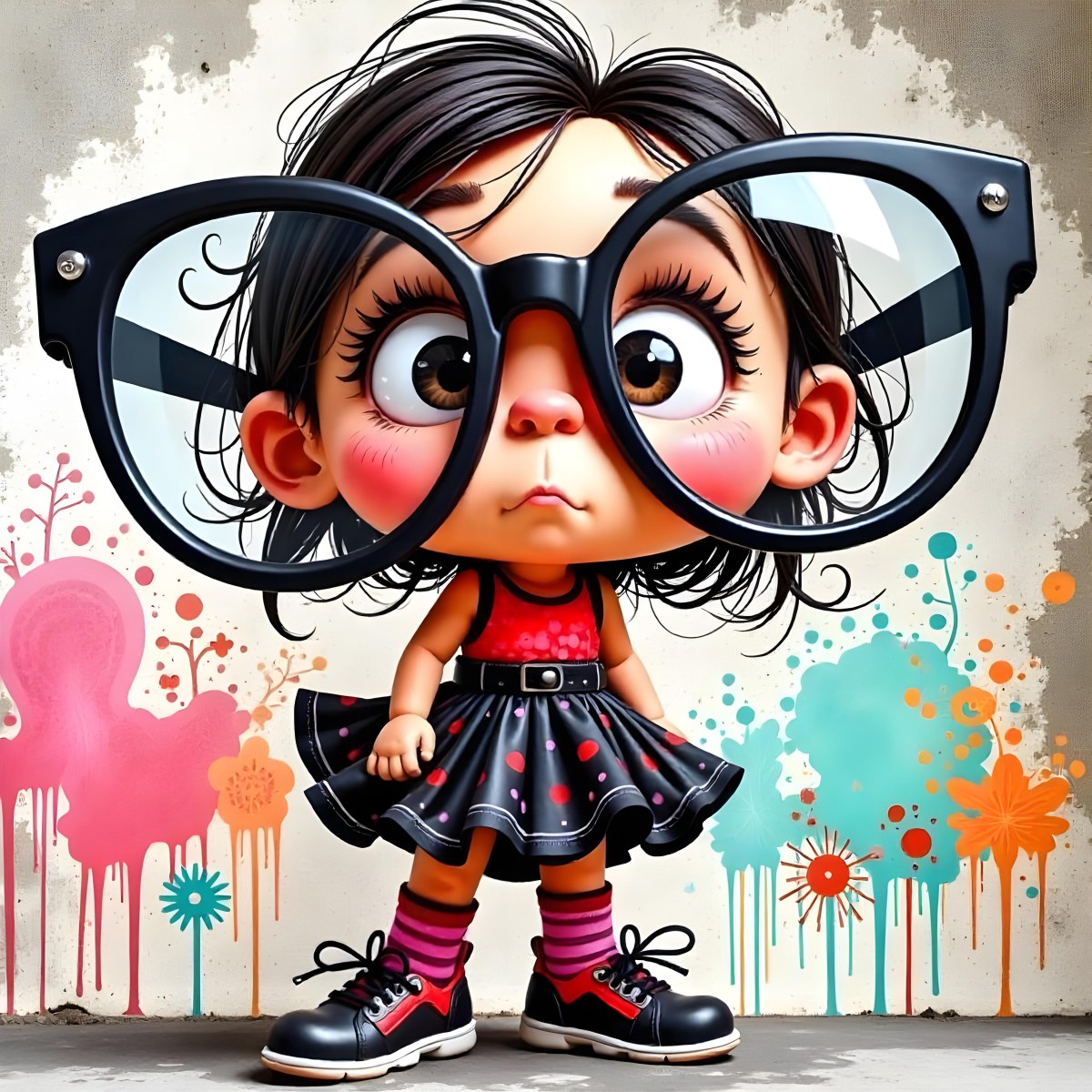 A Caucasian Girl 7 Years Old Black Hair Wearing A Red Dress Pink Striped Socks And Red Shoes With Oversized Glasses In Front Of A Colorful Wall 3 3151