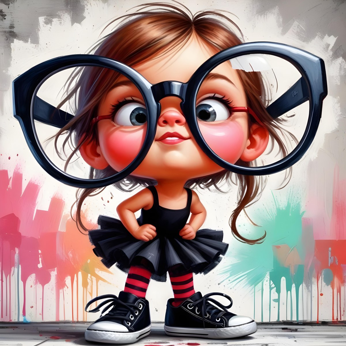 A Caucasian Girl 7 Years Old Black Hair Wearing A Red Dress Pink Striped Socks And Red Shoes With Oversized Glasses In Front Of A Colorful Wall 30 Da2c