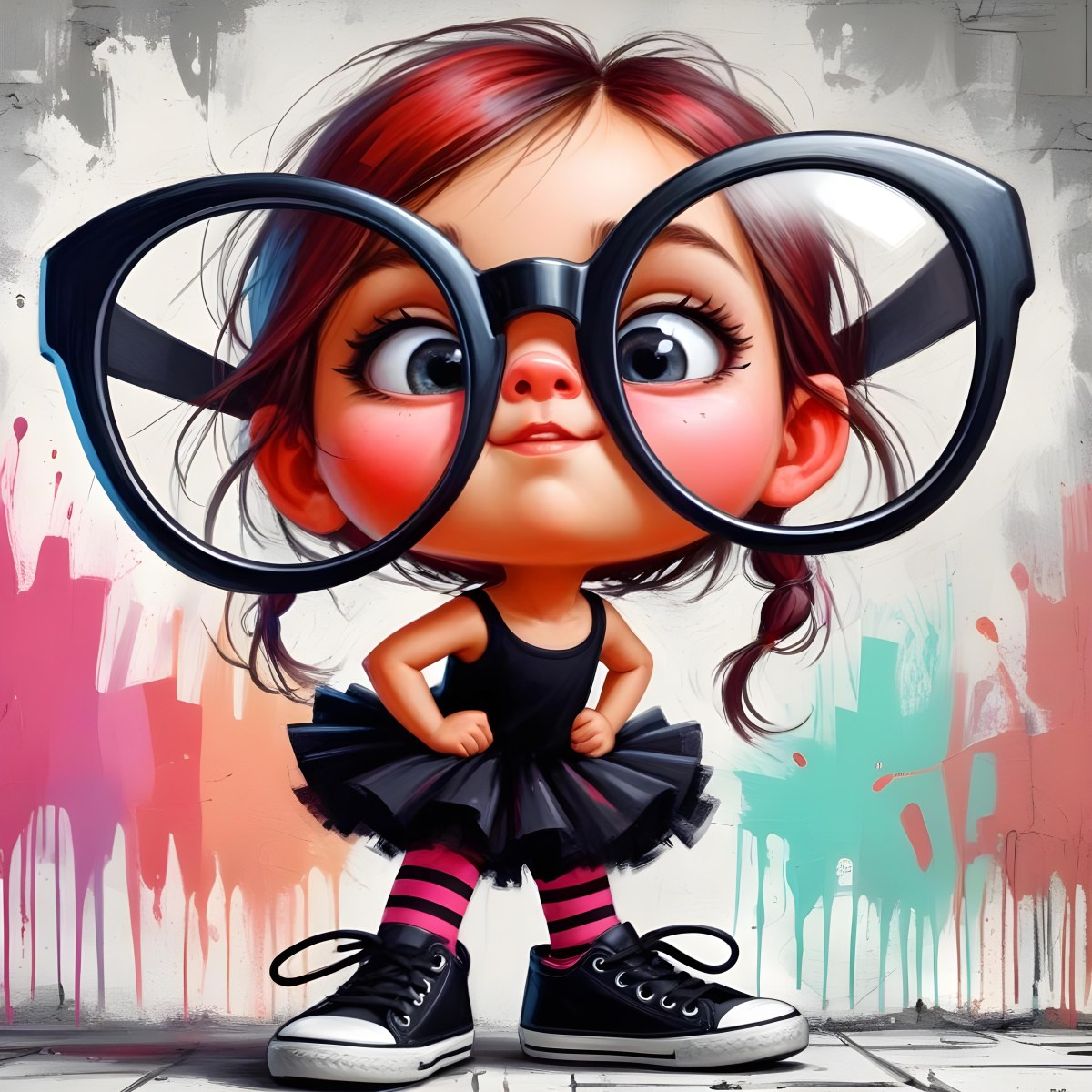 A Caucasian Girl 7 Years Old Black Hair Wearing A Red Dress Pink Striped Socks And Red Shoes With Oversized Glasses In Front Of A Colorful Wall 31 55c6