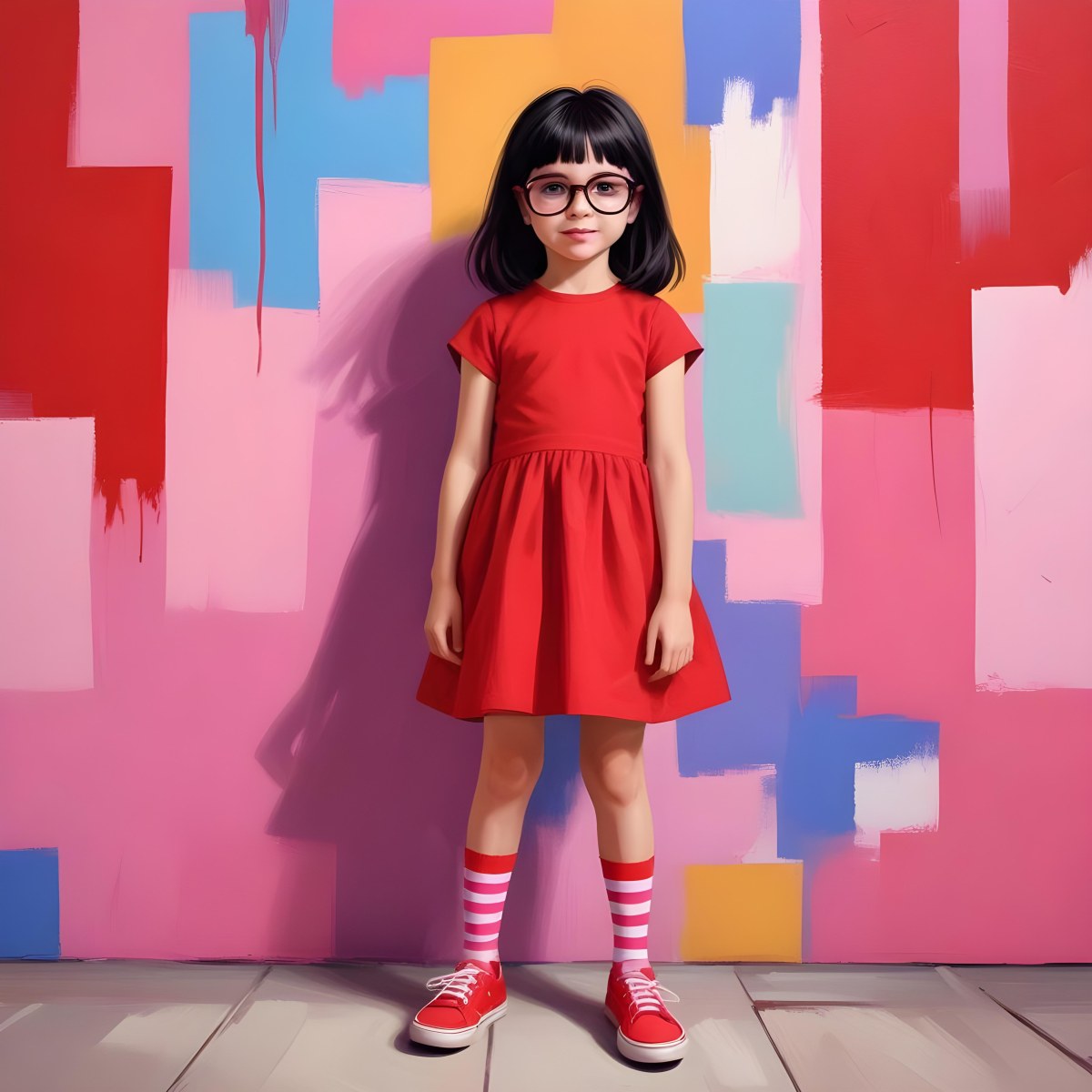 A Caucasian Girl 7 Years Old Black Hair Wearing A Red Dress Pink Striped Socks And Red Shoes With Oversized Glasses In Front Of A Colorful Wall 32 A65c