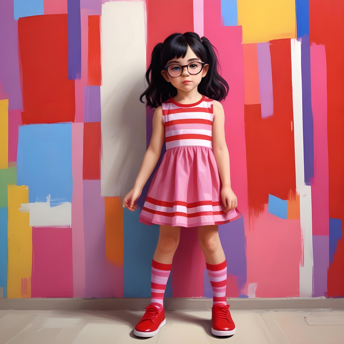 A Caucasian Girl 7 Years Old Black Hair Wearing A Red Dress Pink Striped Socks And Red Shoes With Oversized Glasses In Front Of A Colorful Wall 33 A038