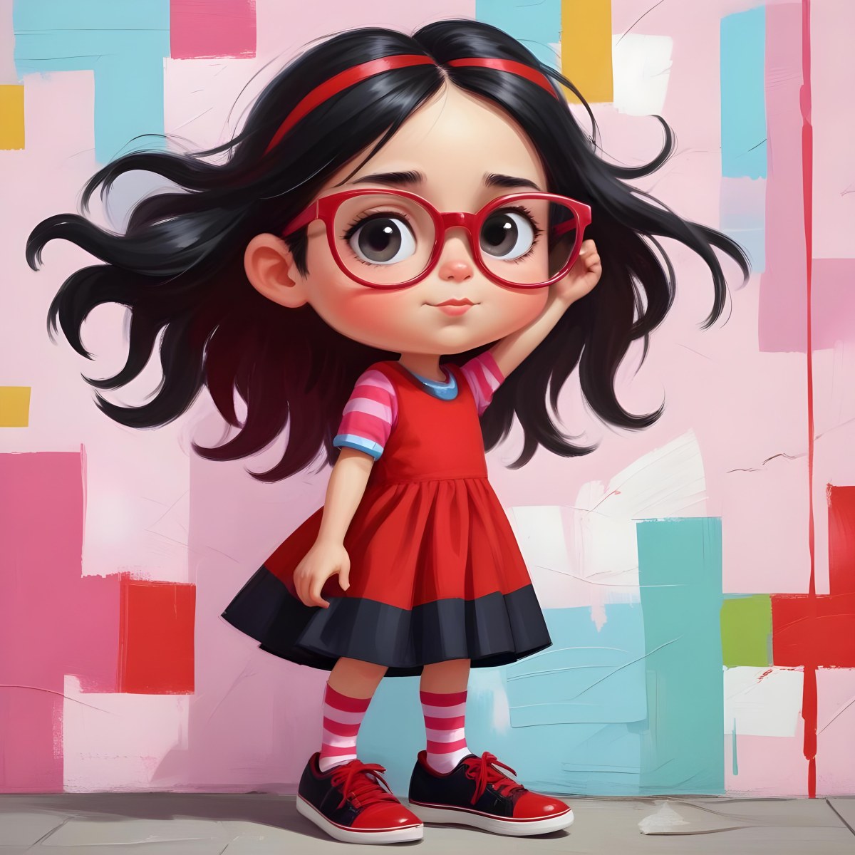 A Caucasian Girl 7 Years Old Black Hair Wearing A Red Dress Pink Striped Socks And Red Shoes With Oversized Glasses In Front Of A Colorful Wall 34 1025