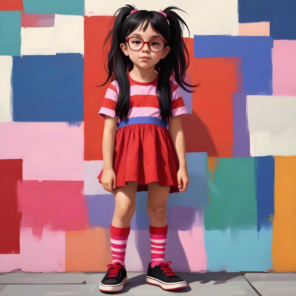 A Caucasian Girl 7 Years Old Black Hair Wearing A Red Dress Pink Striped Socks And Red Shoes With Oversized Glasses In Front Of A Colorful Wall 35 F00e
