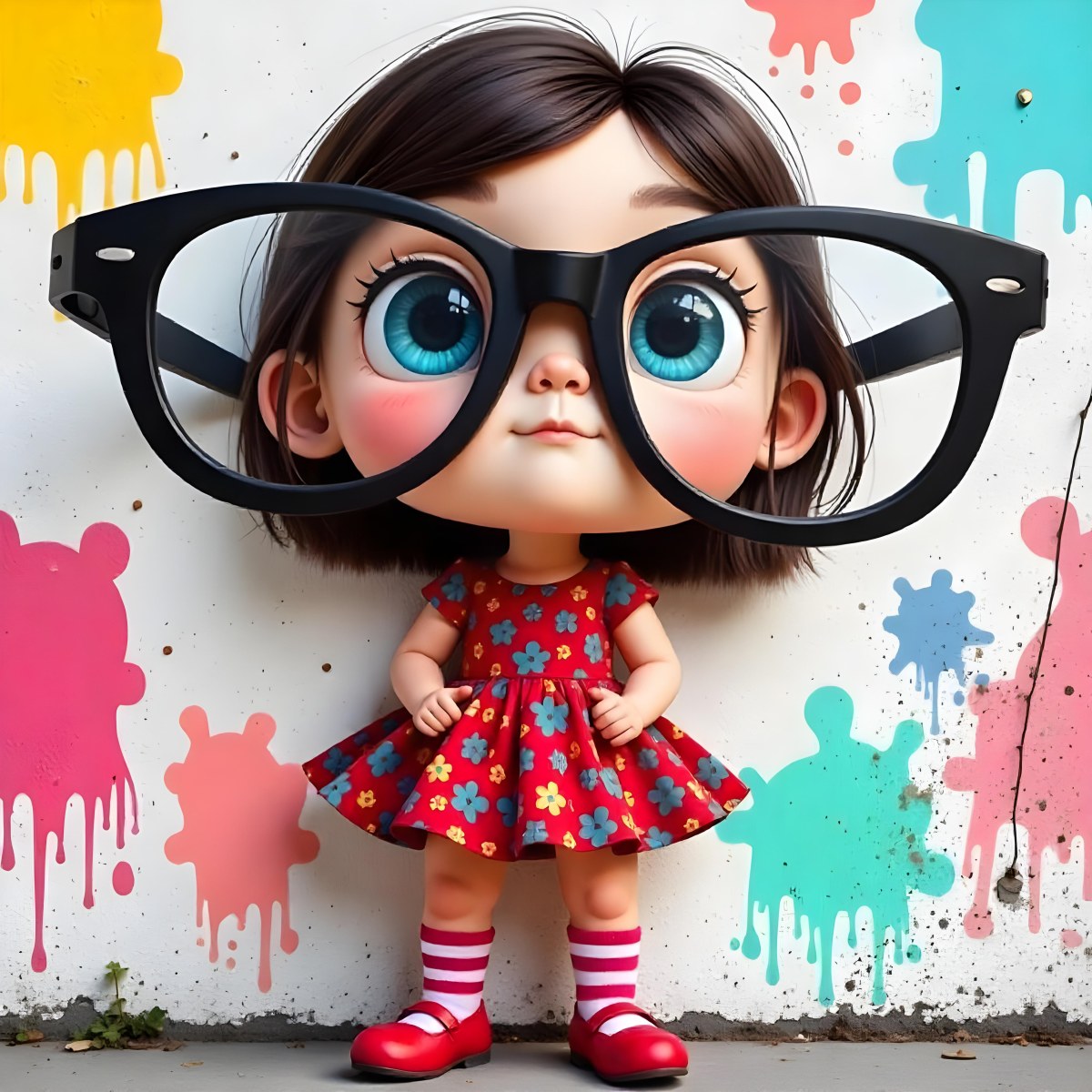 A Caucasian Girl 7 Years Old Black Hair Wearing A Red Dress Pink Striped Socks And Red Shoes With Oversized Glasses In Front Of A Colorful Wall 7 Df91
