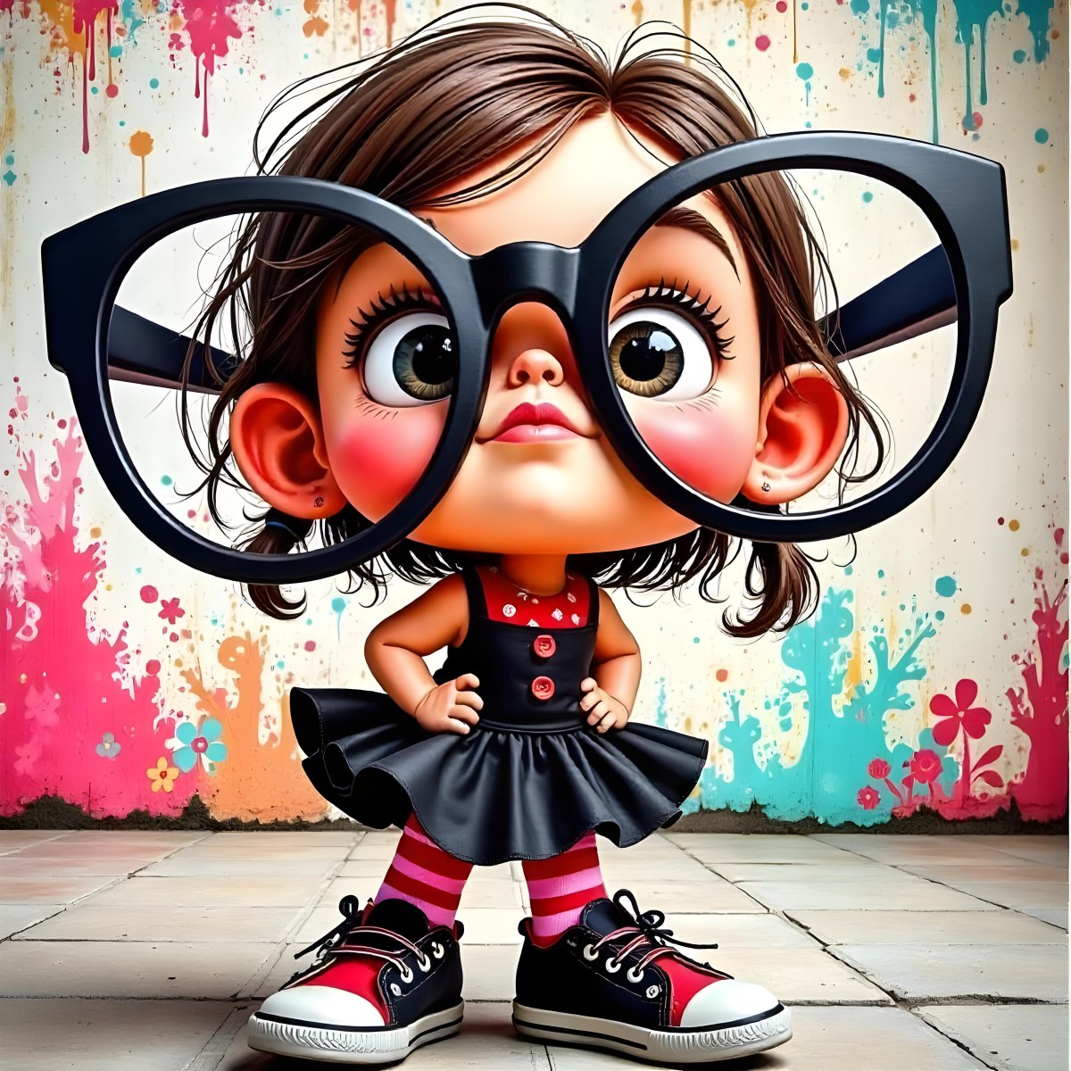 A Caucasian Girl 7 Years Old Black Hair Wearing A Red Dress Pink Striped Socks And Red Shoes With Oversized Glasses In Front Of A Colorful Wall 8 6c16
