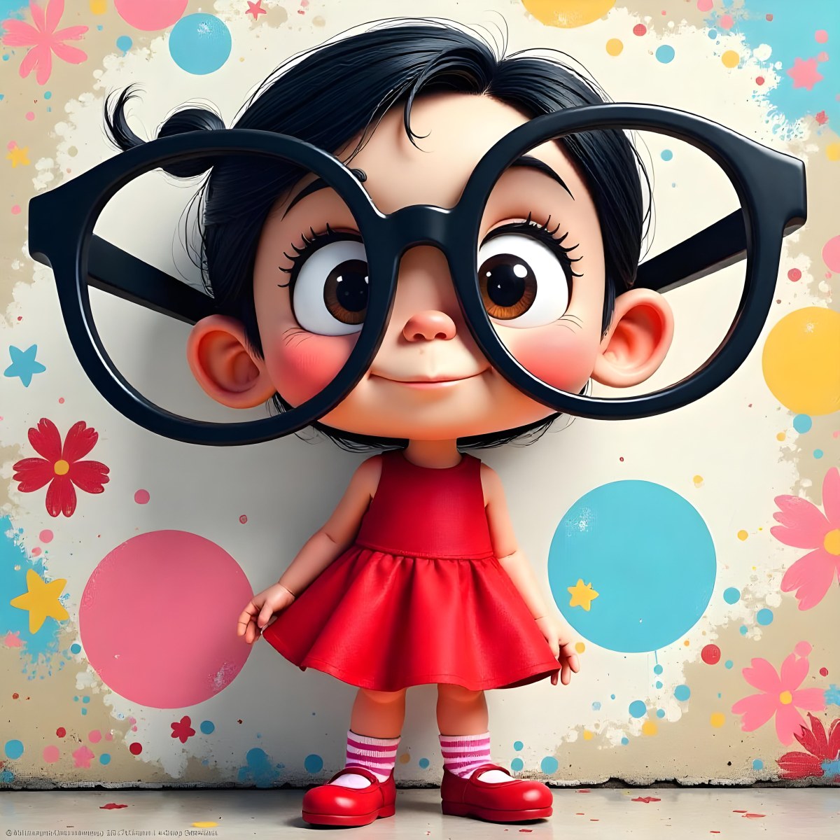 A Caucasian Girl 7 Years Old Black Hair Wearing A Red Dress Pink Striped Socks And Red Shoes With Oversized Glasses In Front Of A Colorful Wall 9 1fbe